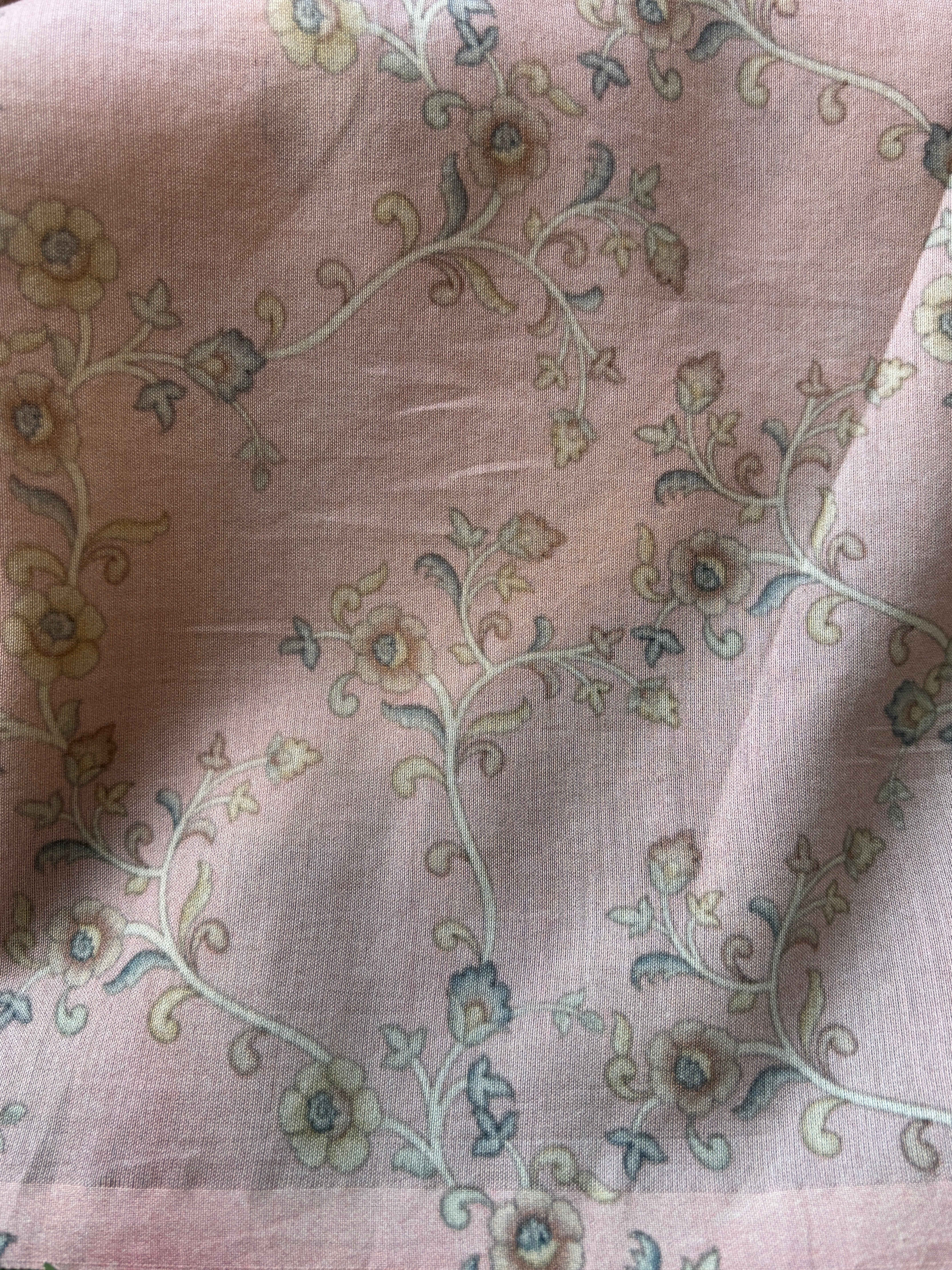Matching blouse of pastel pink organza saree with coordinated floral digital print and elegant design by Chandrika Lifestyles