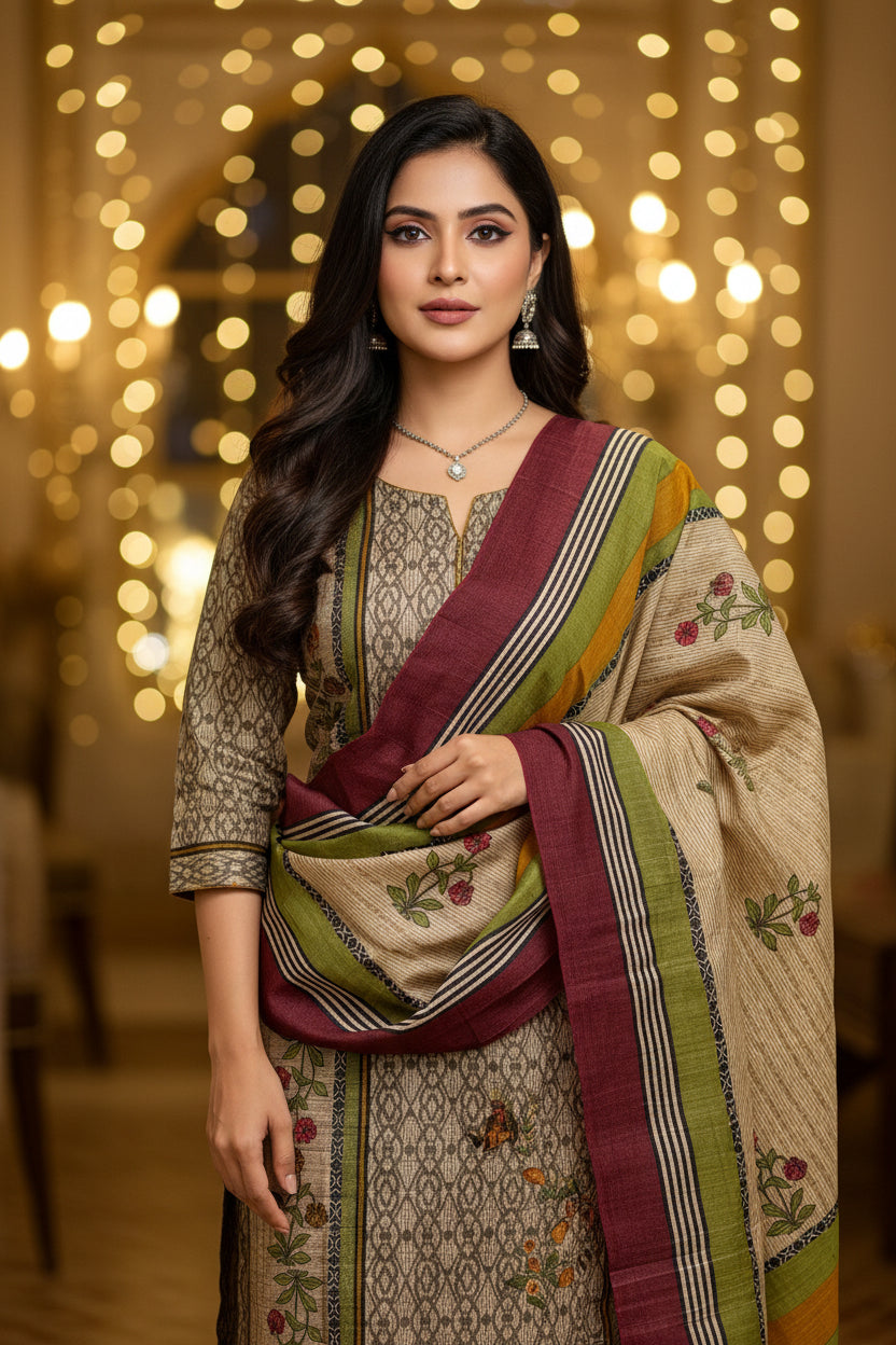 Pure Raw Tussar Silk Digital Printed Suit Material with Multicolour Ethnic Design & Beige-Green-Maroon Shaded Dupatta