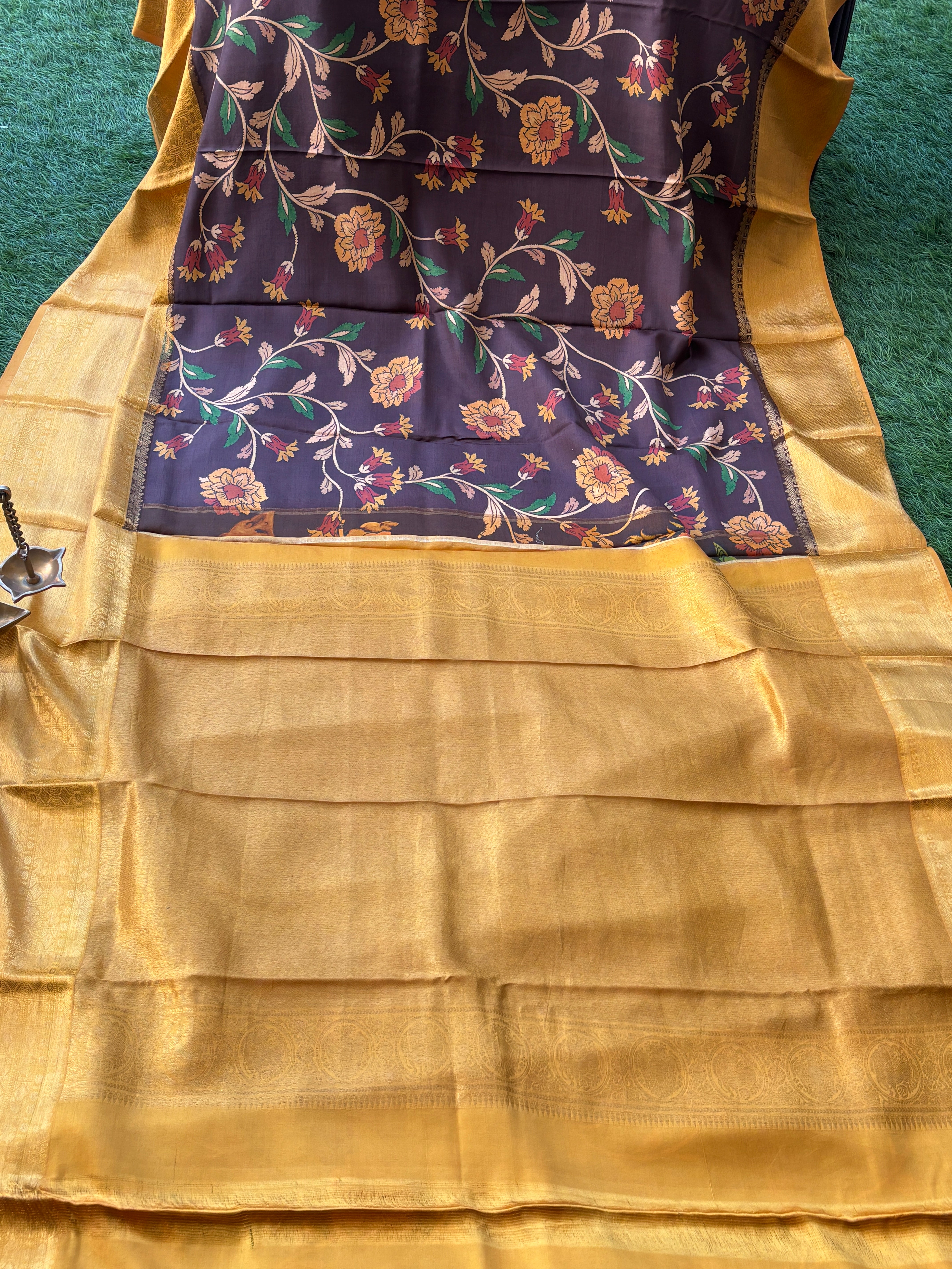 Dark Brown & Yellow Pure Silk Saree with Digital Print & Kanchipuram Border and Pallu | Chandrika Lifestyles