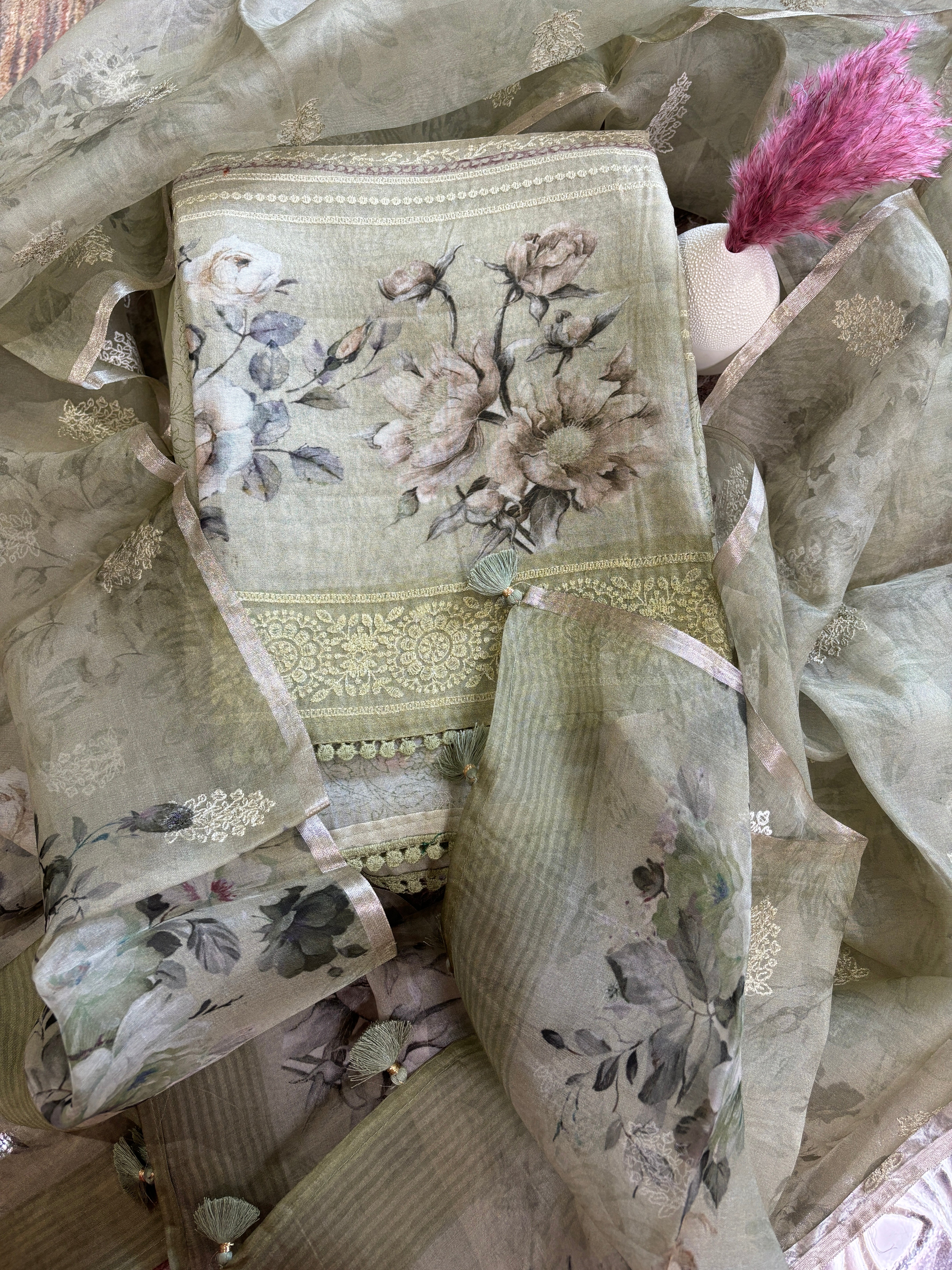 Festive pastel Mehendi Green Organza Suit Material with Digital Print, Thread Embroidery & Crochet Lace Border