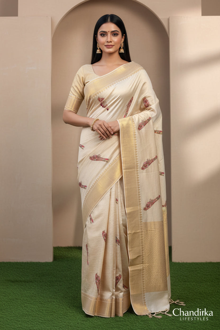 Pure Desi Tussar Silk Off-White Saree with multicoloured Bird embroidered motifs and Thread Embroidered Border