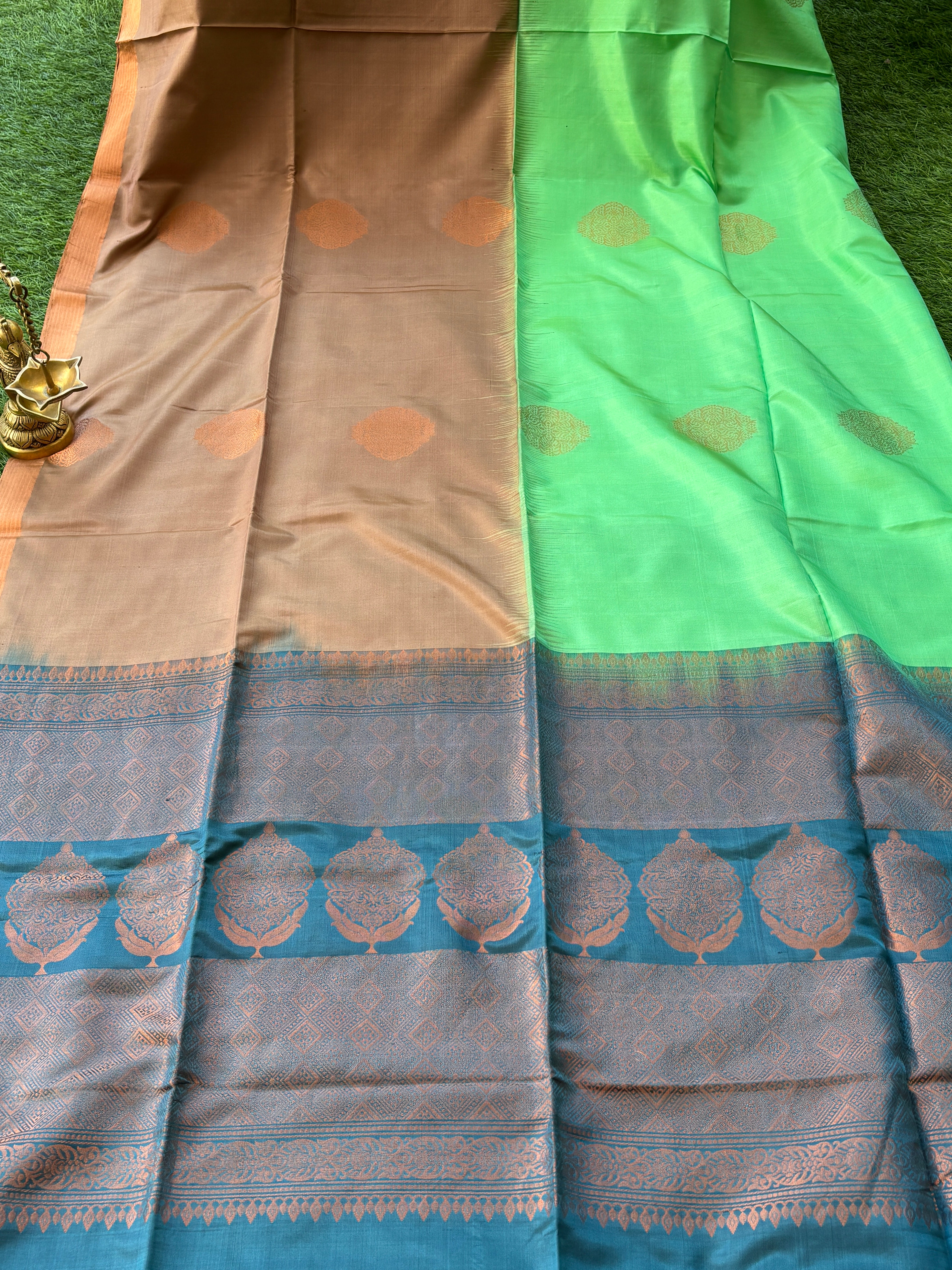 Premium Kanchipuram Silk Fabric Texture in Pastel Green Half and Half Saree
