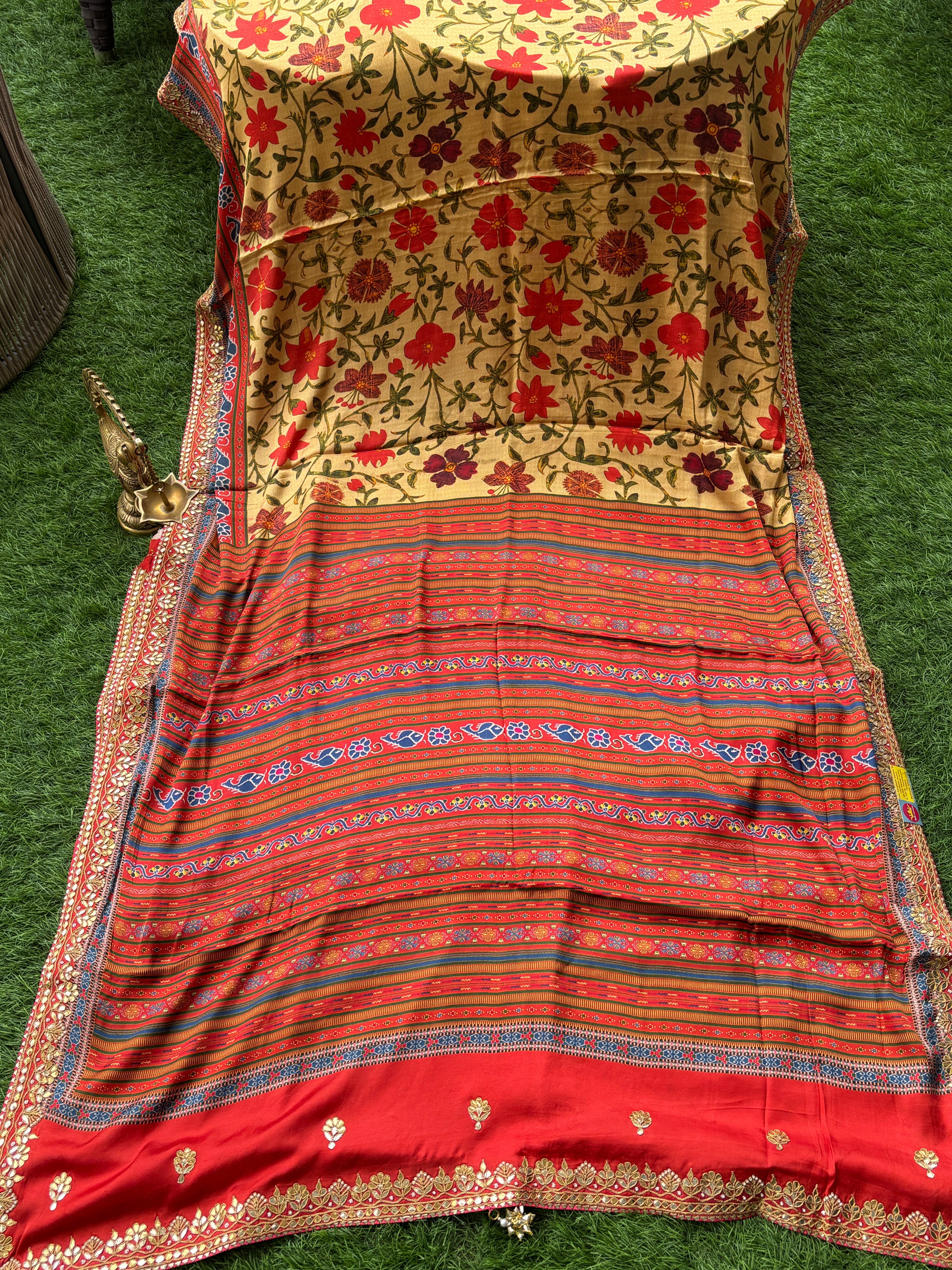 Elegant Brick Red Pure Crepe Silk Saree with Gota Work Border & Digital Floral Print