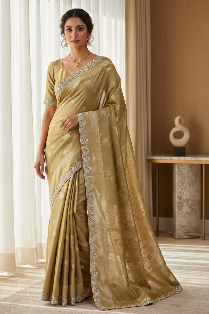 Royal Biscuit Beige Pure Tissue Silk Saree with Zigzag Weaving, Buta Work & Heavy Zardozi Border