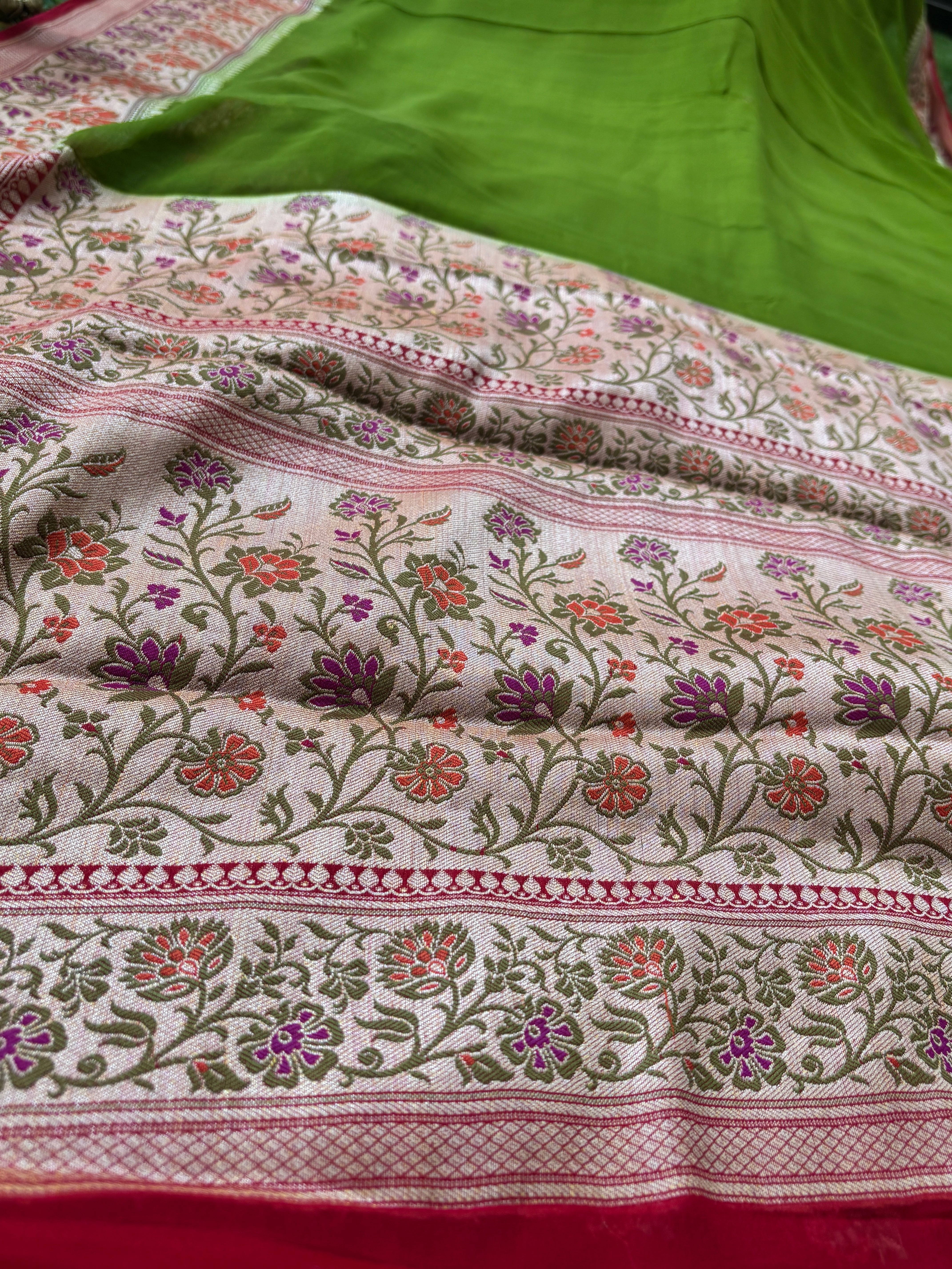 Green Khaddi Georgette Banarasi Saree with Paithani Weaving Border & Red Blouse | Chandrika Lifestyles