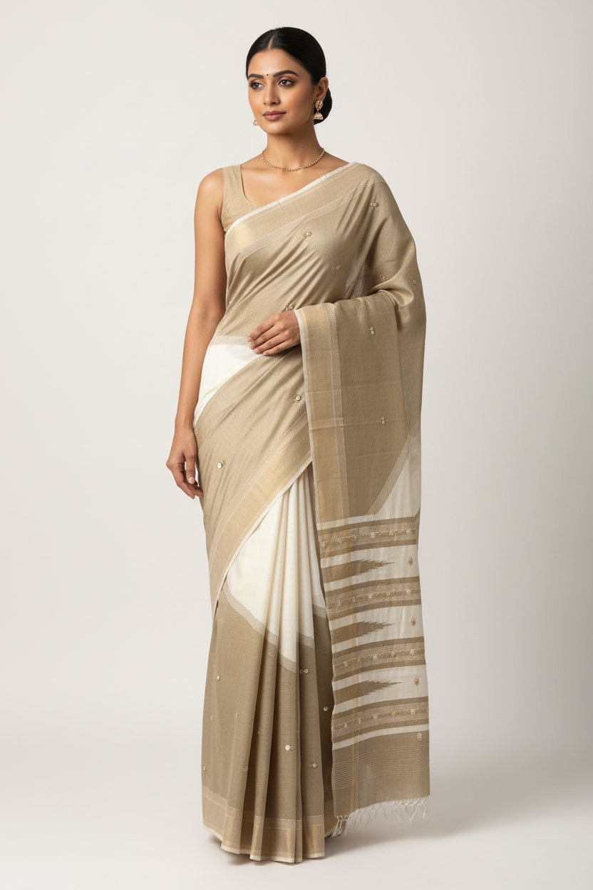 Beige & Brown Pure Tussar Silk Saree with Designer Hand Embroidery (Ghanta Taka) | Chandrika Lifestyles