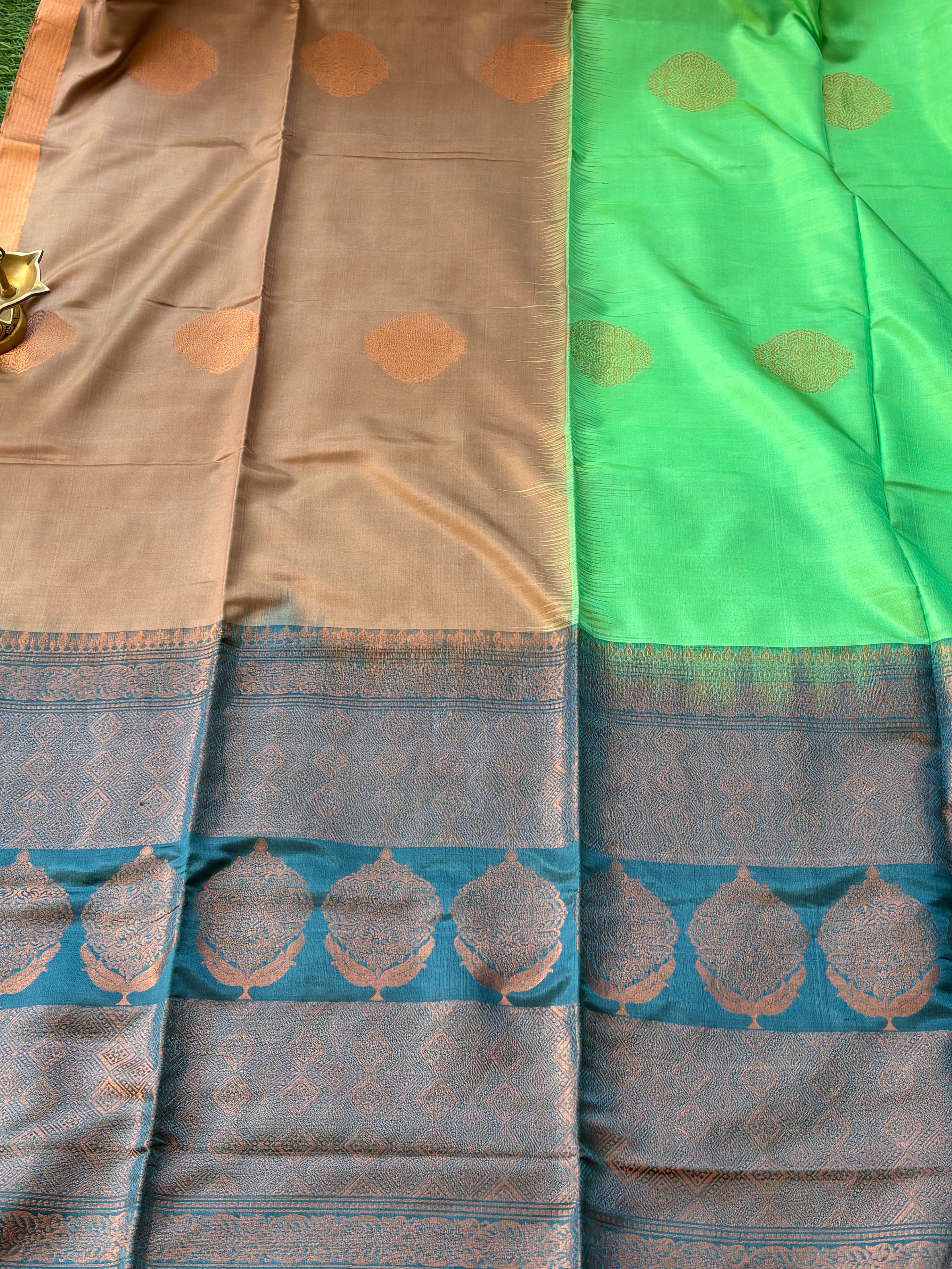 Small Golden Zari Border Detail on Pastel Green and Brown Kanchipuram Silk Saree