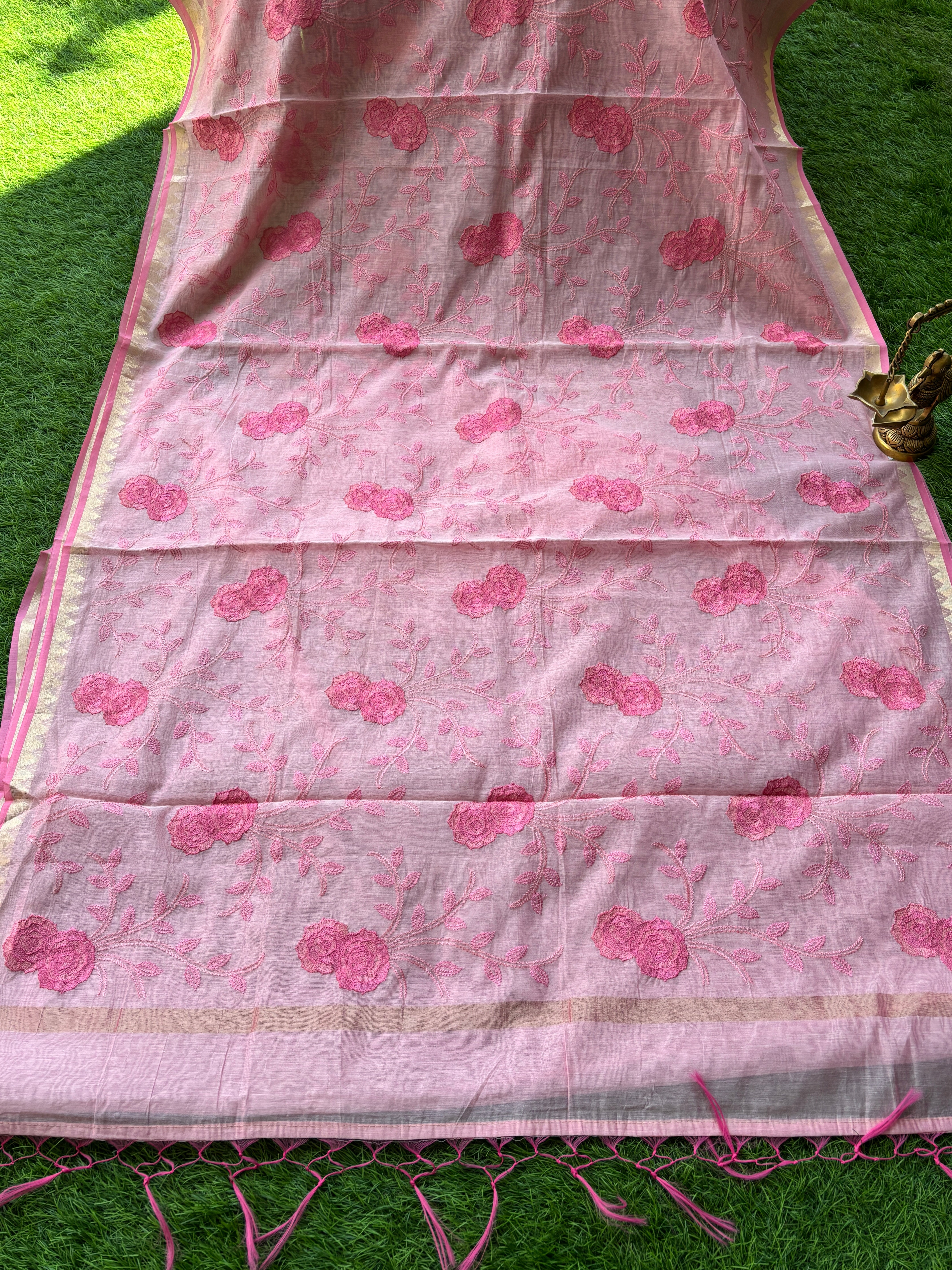 Baby Pink Banarasi Mercerized Cotton Saree with Allover Floral Embroidery | Chandrika Lifestyles