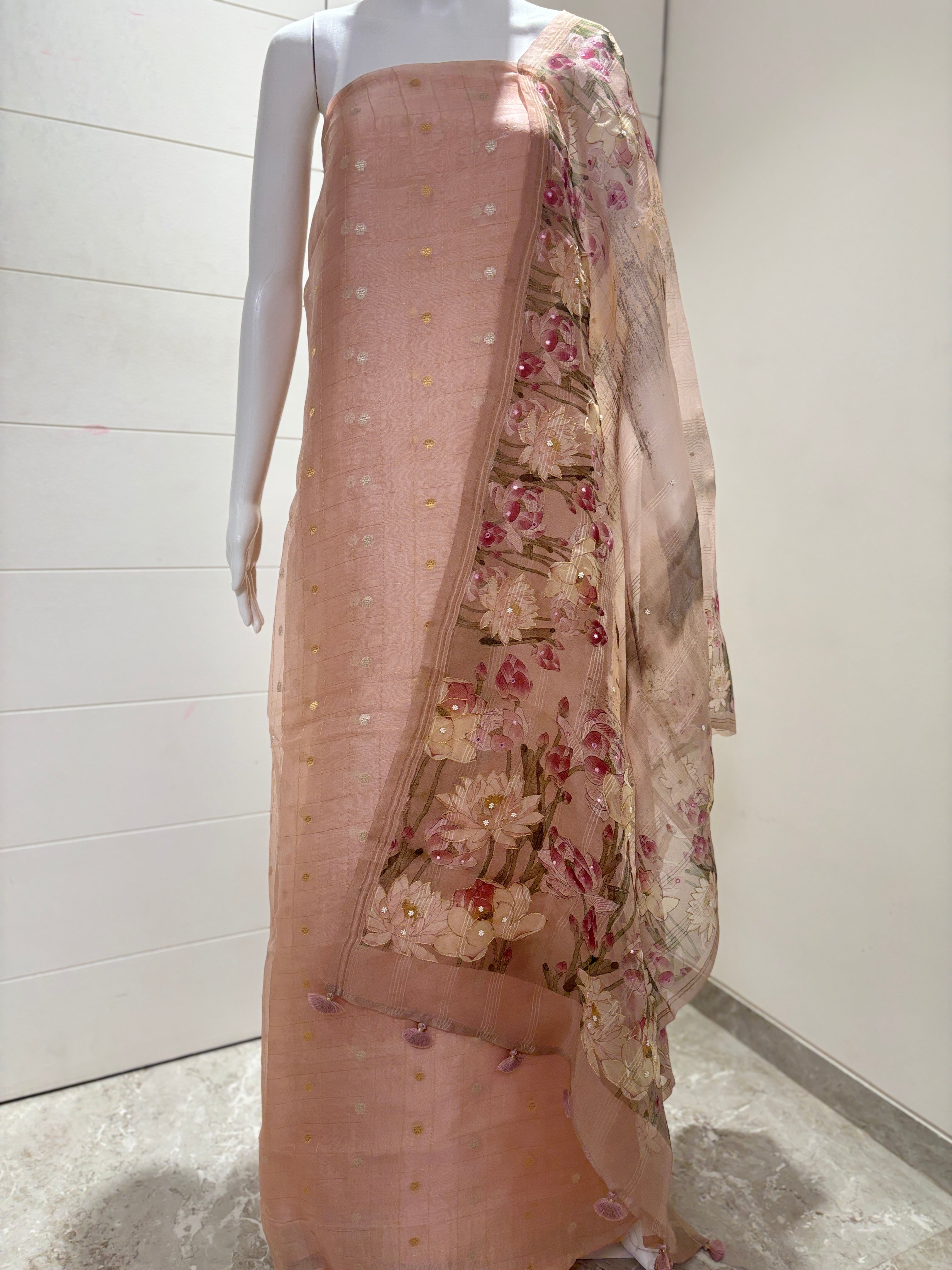 Pure Organza Silk Suit Material in Fresh Peach with Zari Weaving Checks, Sona Rupa Bootas & Digital Printed Organza Dupatta