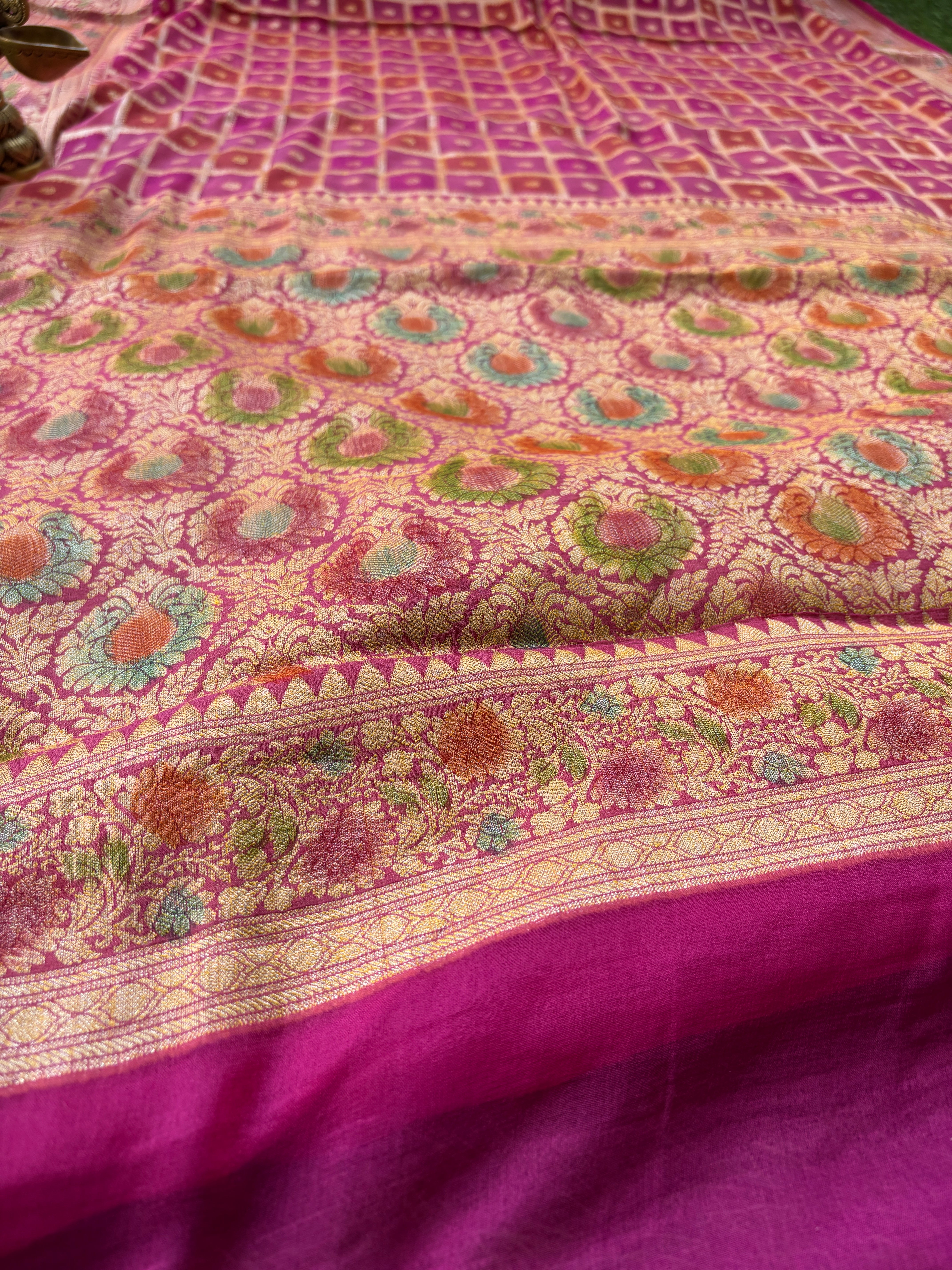 Pink Khaddi Georgette Banarasi Saree with Allover Gharchola Design | Chandrika Lifestyles