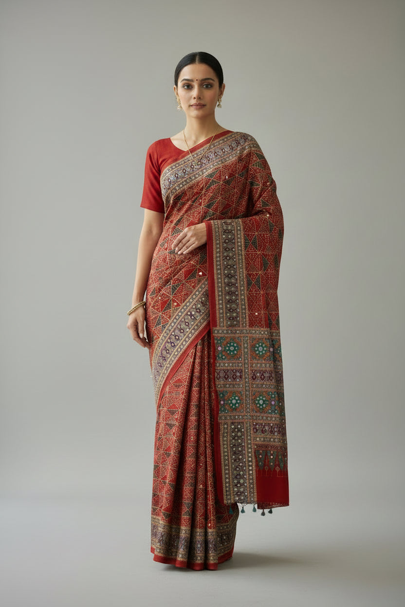 Royal Brick Red Pure Crepe Silk Saree with Ajrakh Print & Hand Mirror Work Pallu