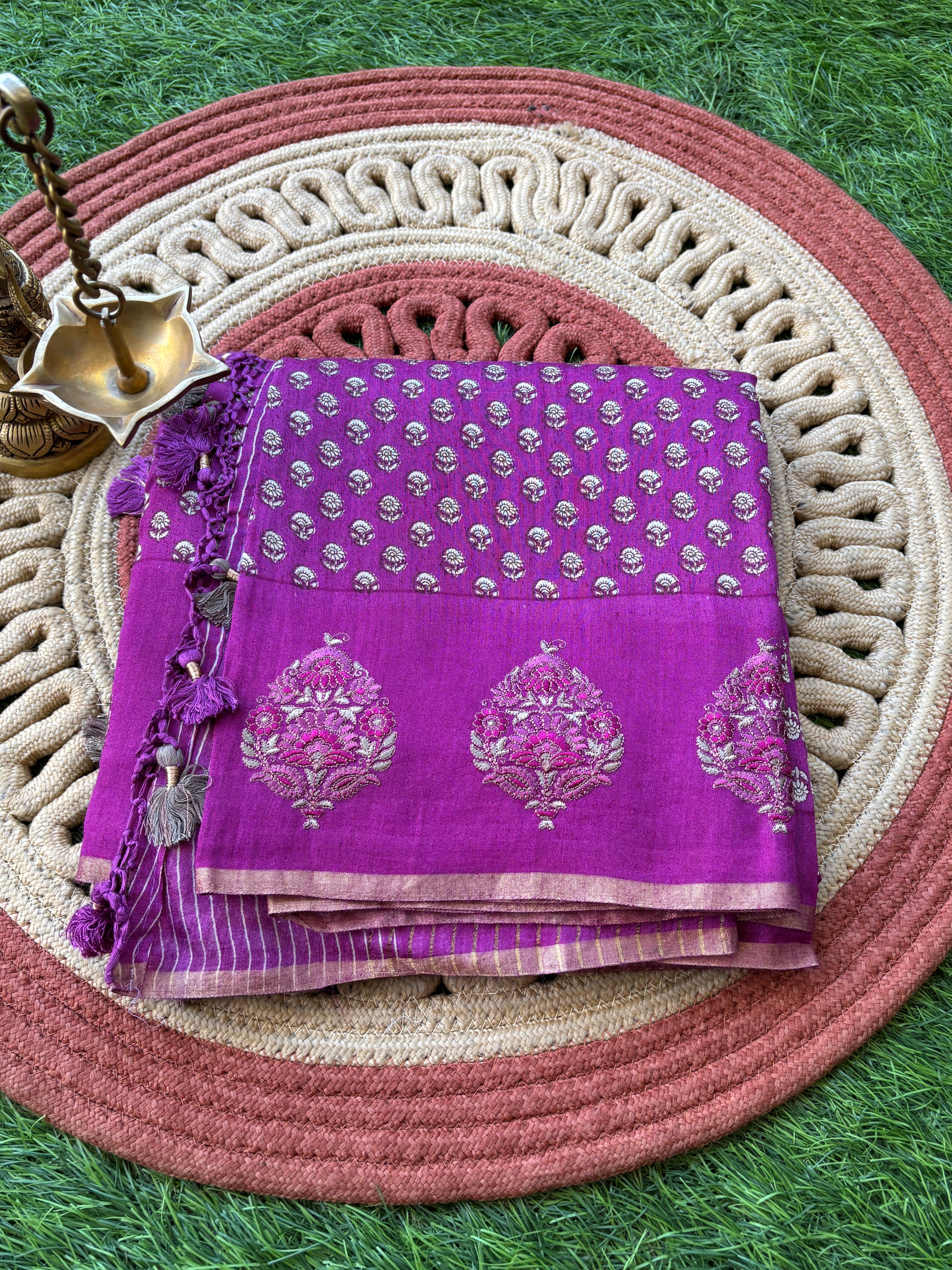 Purple Pure Tussar Silk Saree with Embroidered & Cutwork Butta Pallu | Chandrika Lifestyles