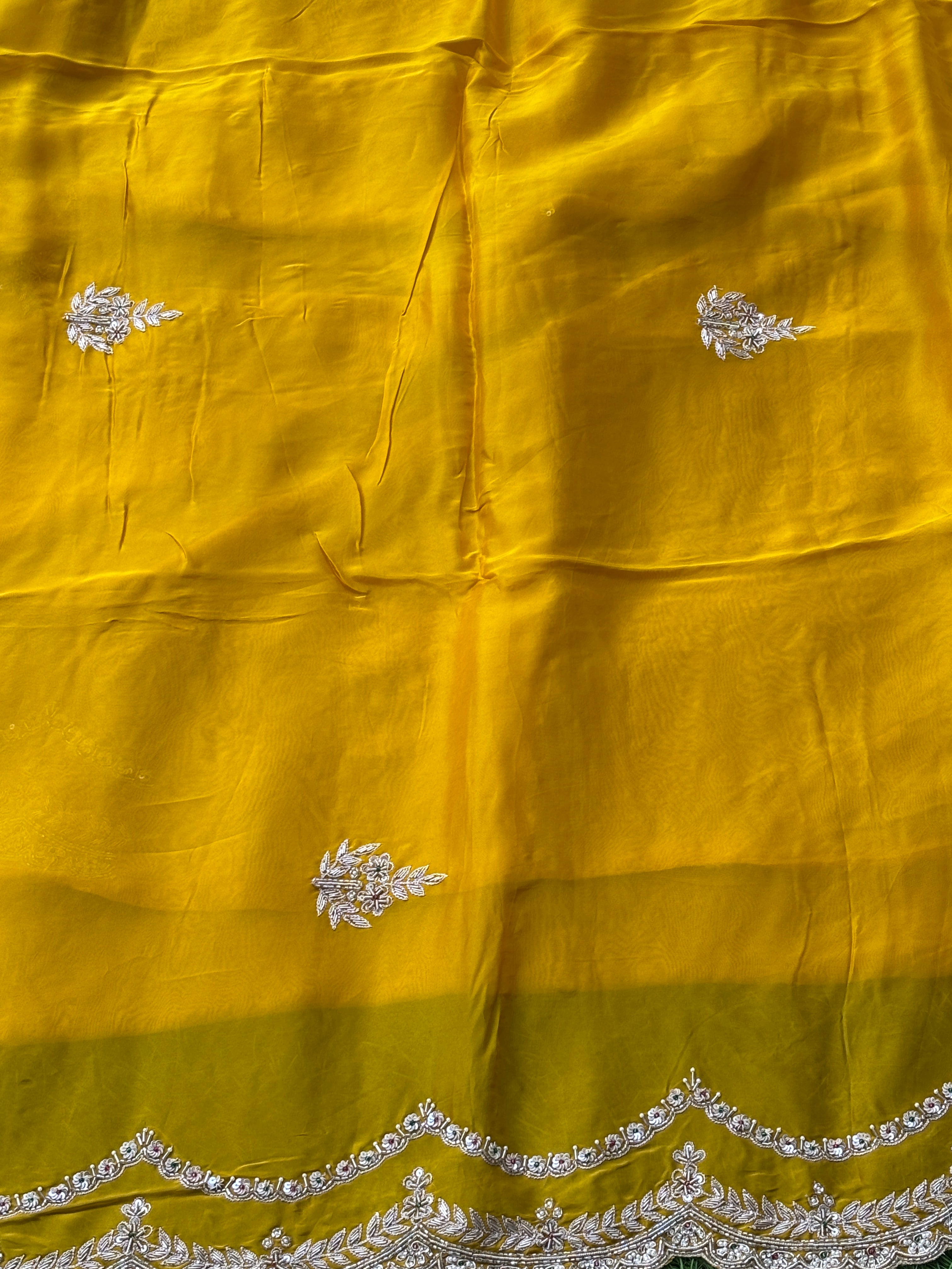 Mango Yellow Pure Crepe Silk Saree with Scallop & Zardozi Work | Chandrika Lifestyles