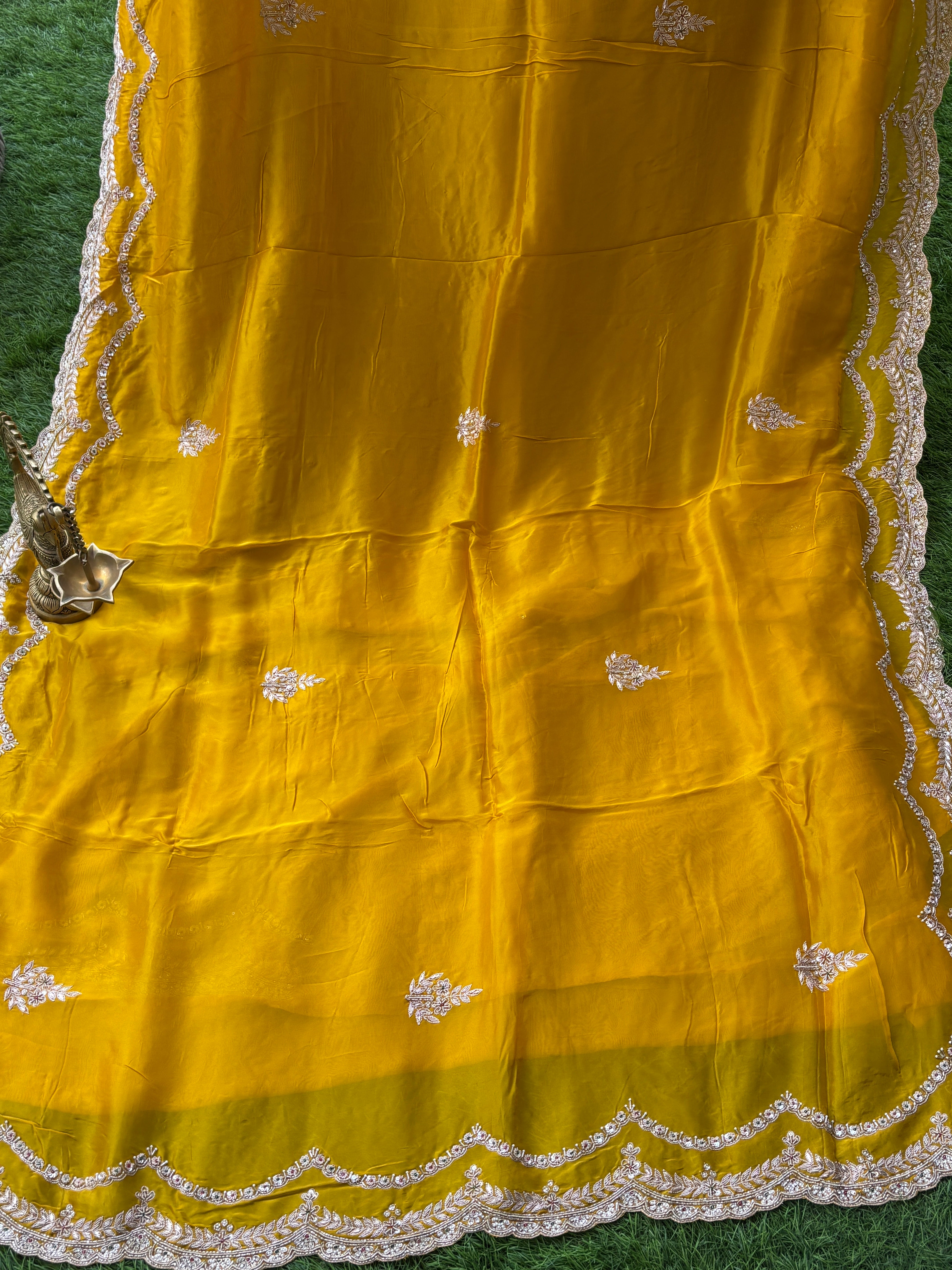 Mango Yellow Pure Crepe Silk Saree with Scallop & Zardozi Work | Chandrika Lifestyles