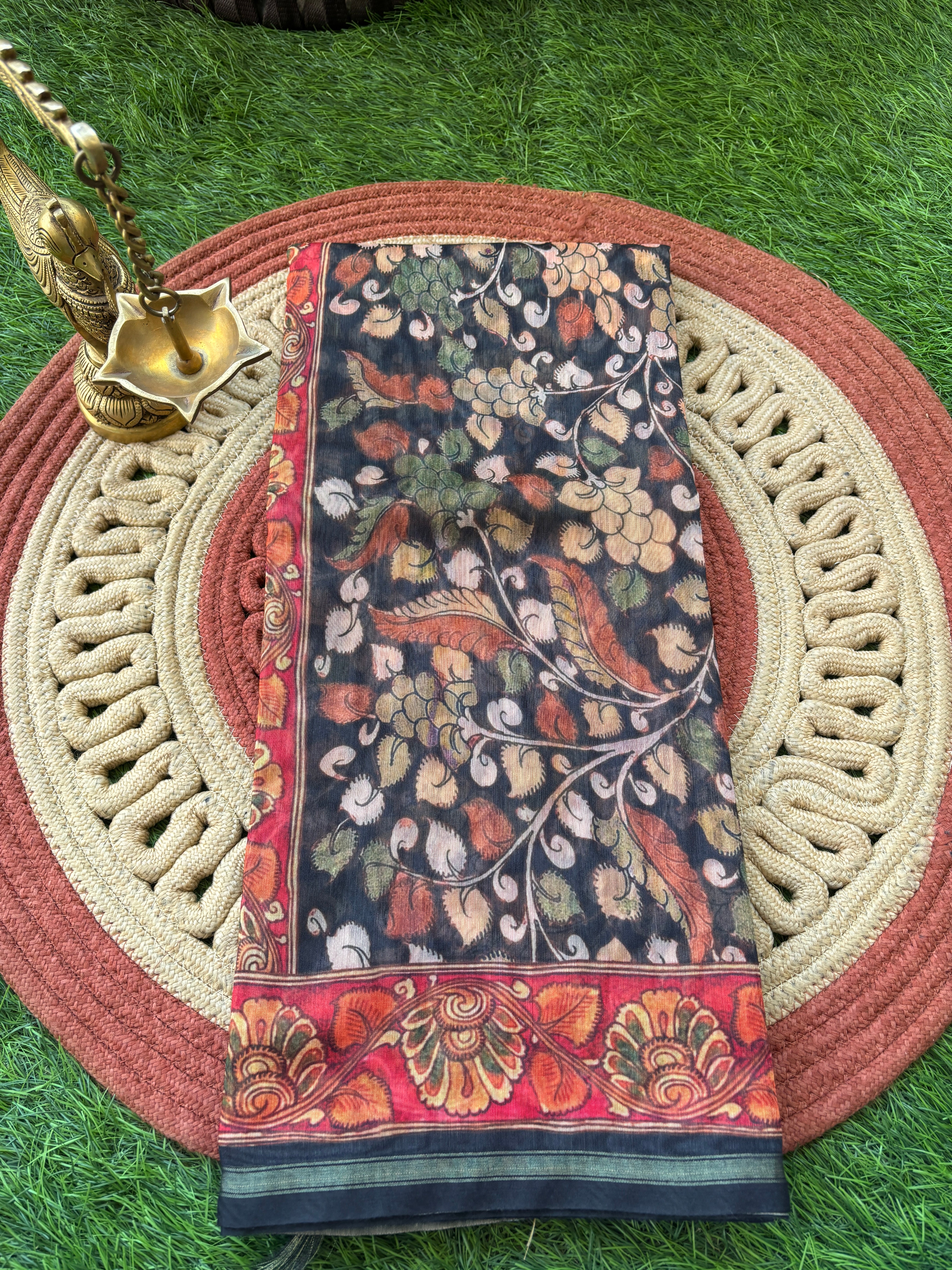 Black Mercerized Cotton Saree with Allover Digital Print | Chandrika Lifestyles