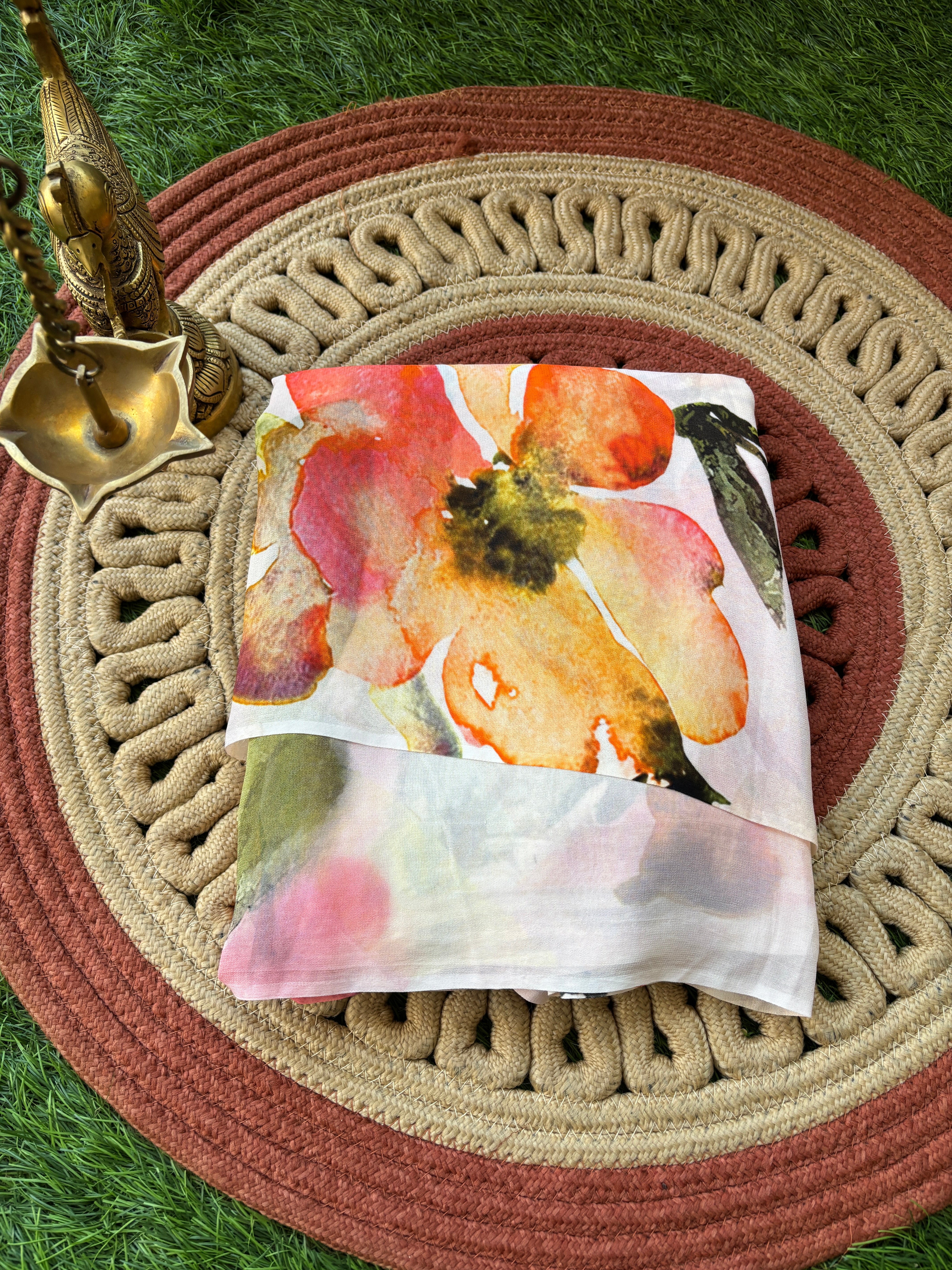 Off White Pure Crepe Silk Saree with Floral Digital Print