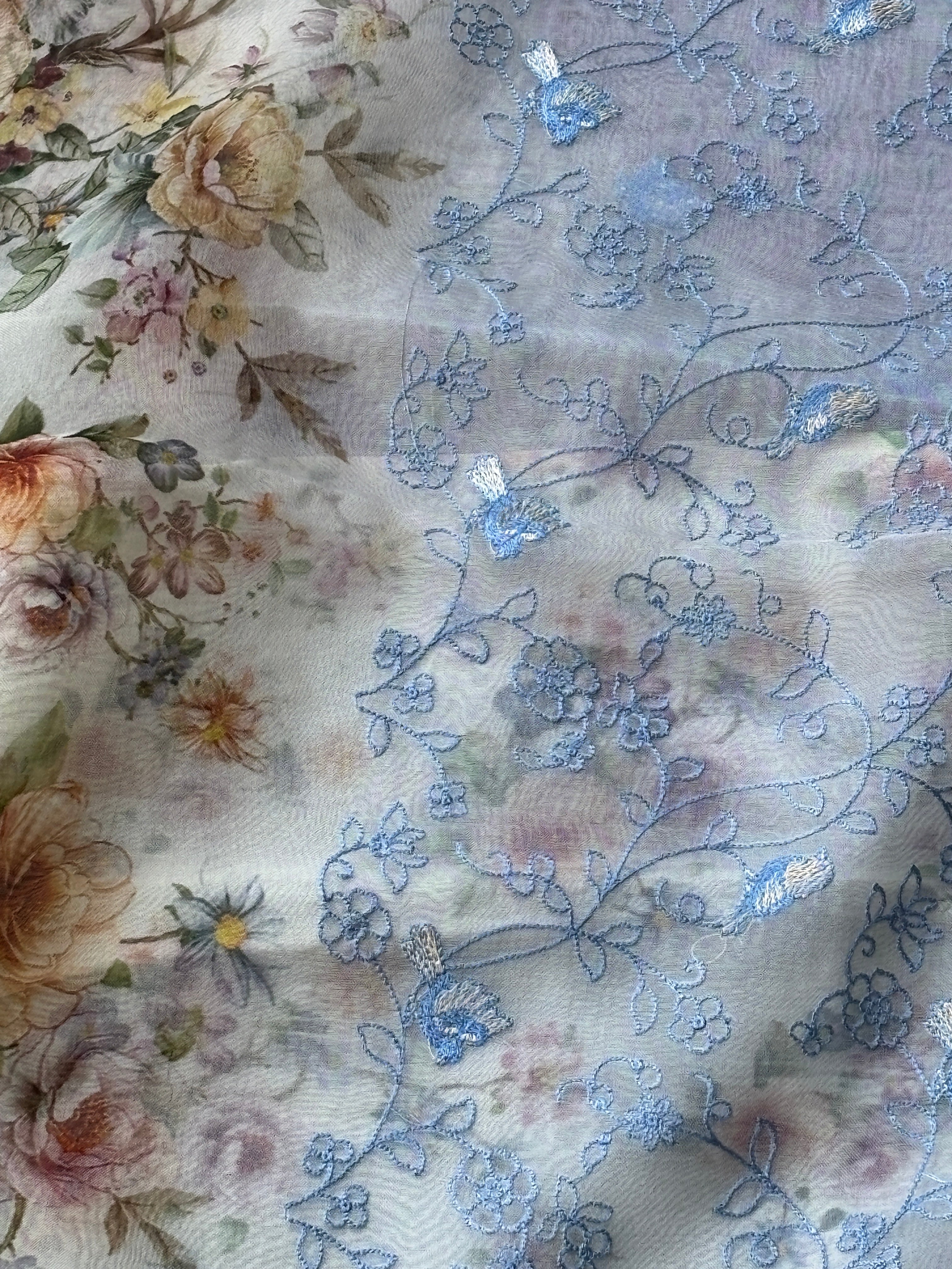White & Sky Blue Pure Organza Saree with Thread Embroidery & Digital Print