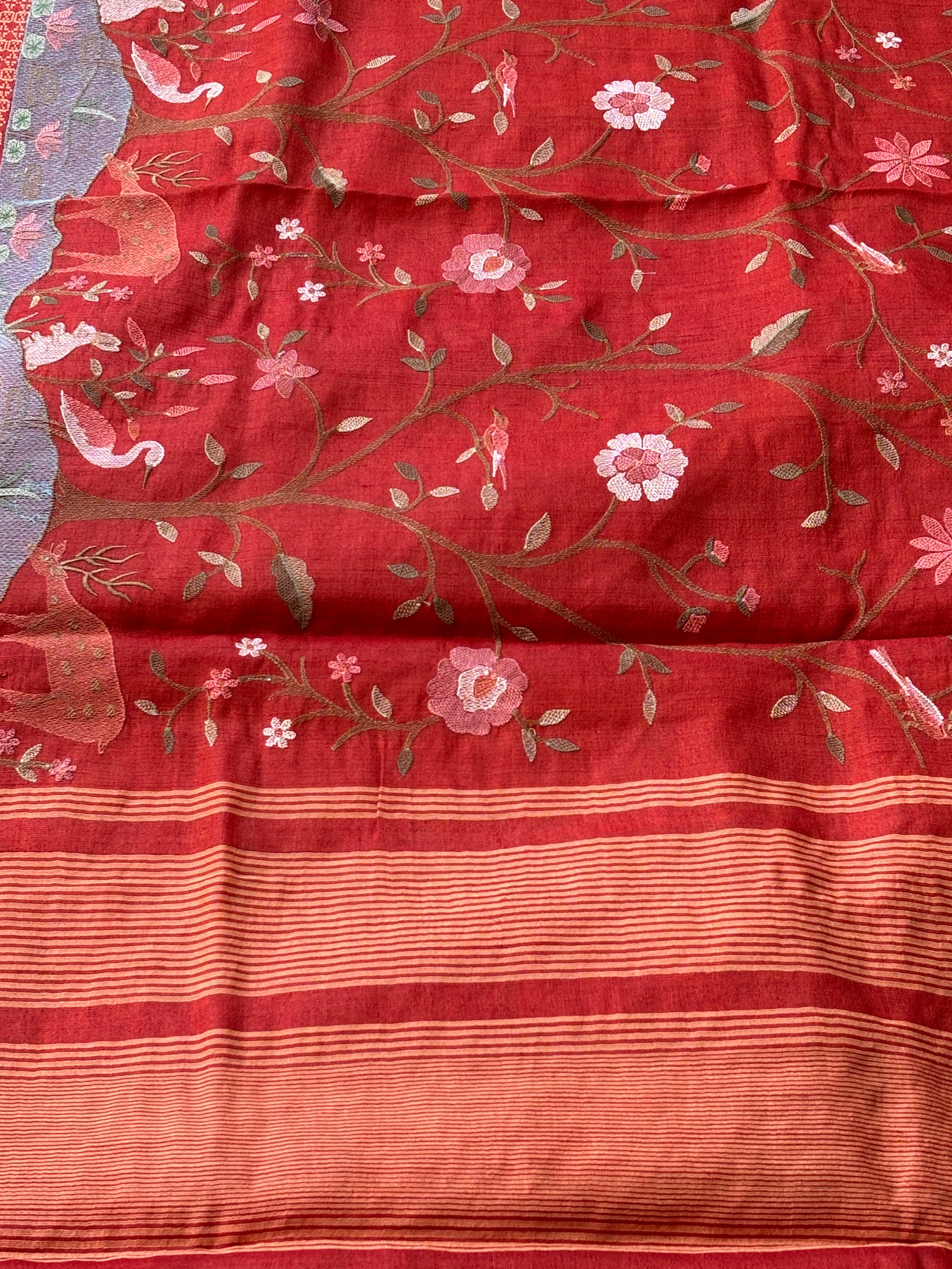 Thread Embroidery Pallu on Brick Red Pure Desi Tussar Silk Saree