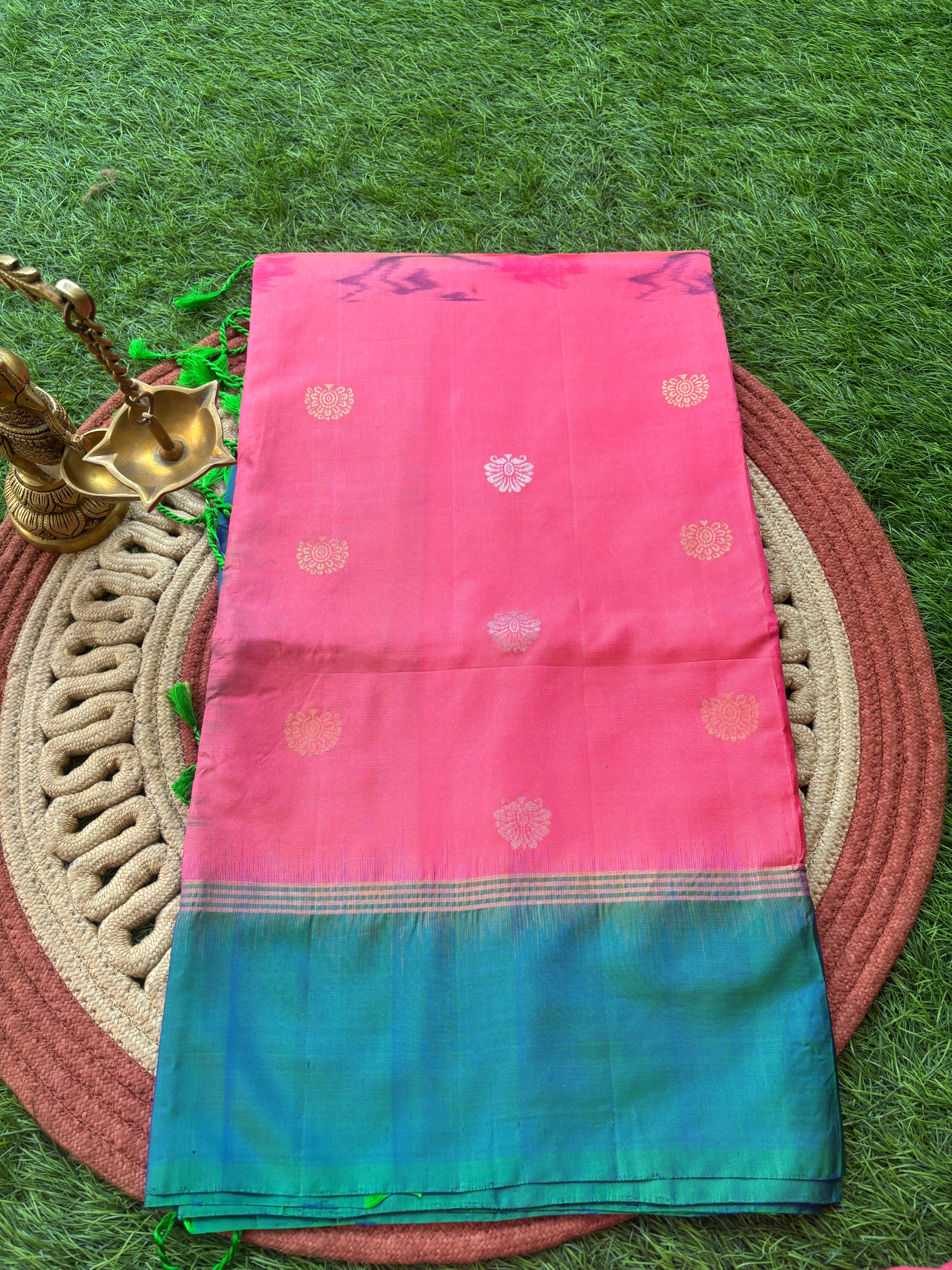 Pure Silk Peach Pink Saree with Zari Bootas, Green Border and Ikat Pallu