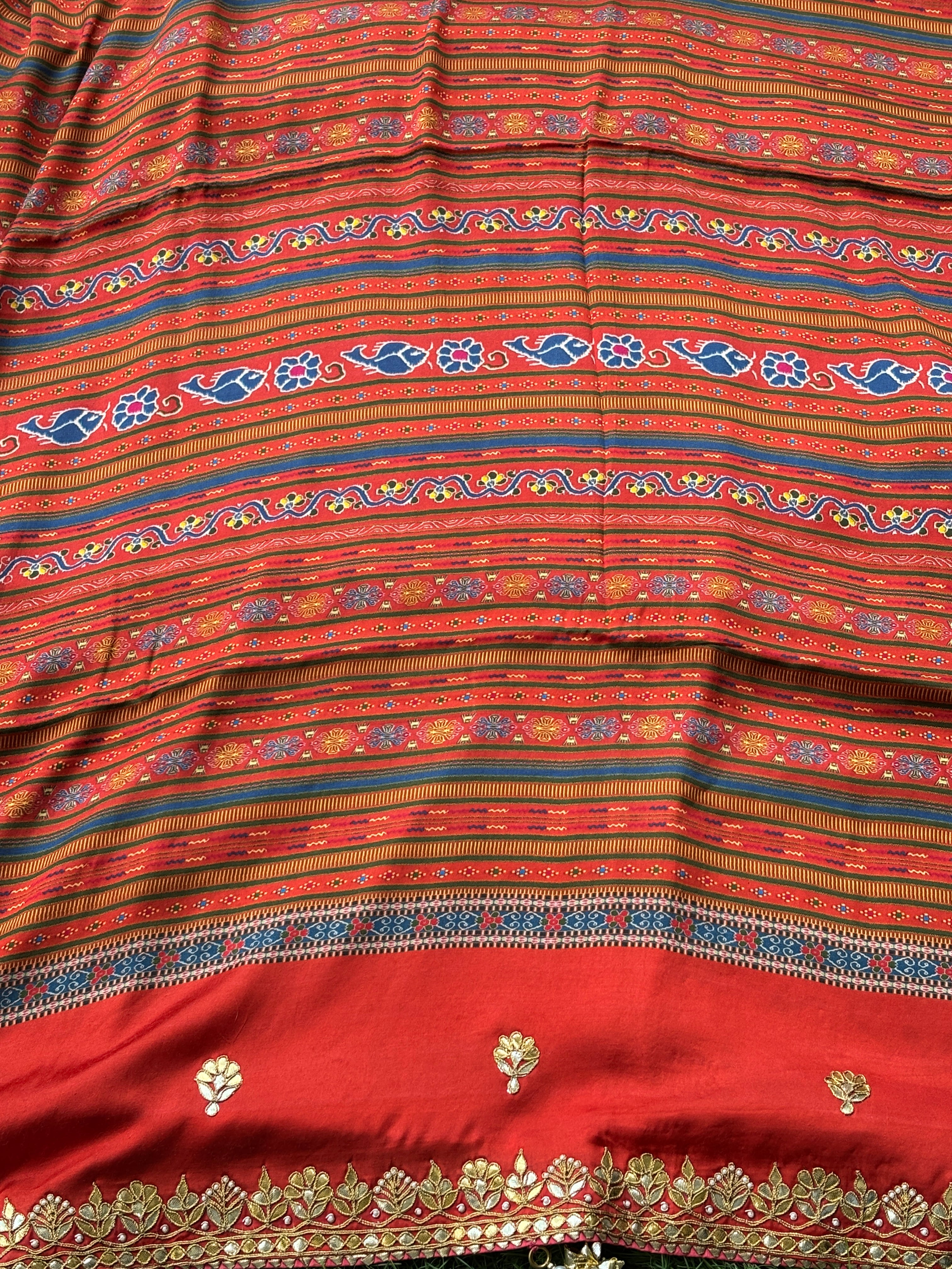 Elegant Brick Red Pure Crepe Silk Saree with Gota Work Border & Digital Floral Print