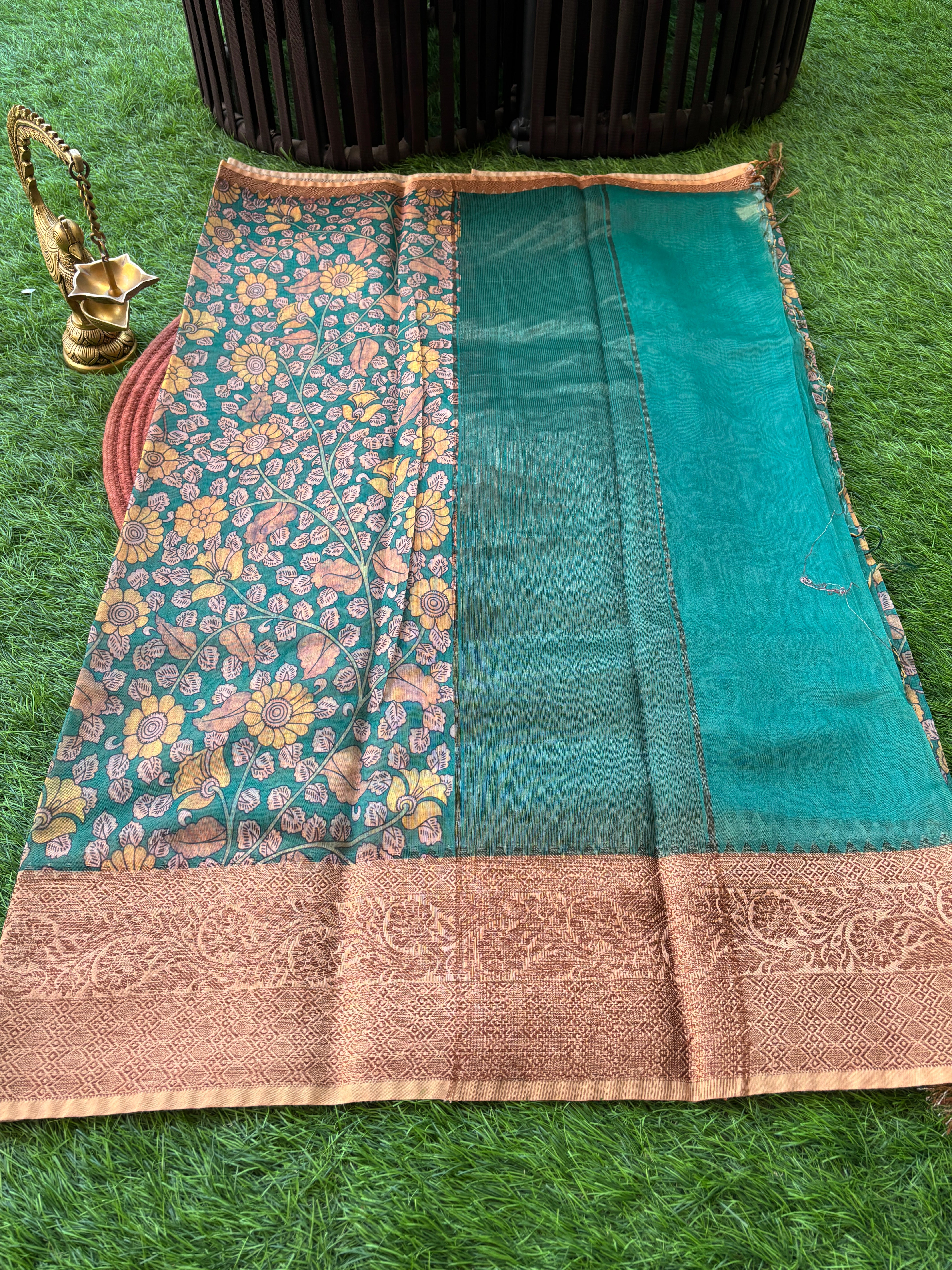 Sea Green Mercerized Cotton Saree with Allover Digital Print Butta | Chandrika Lifestyles