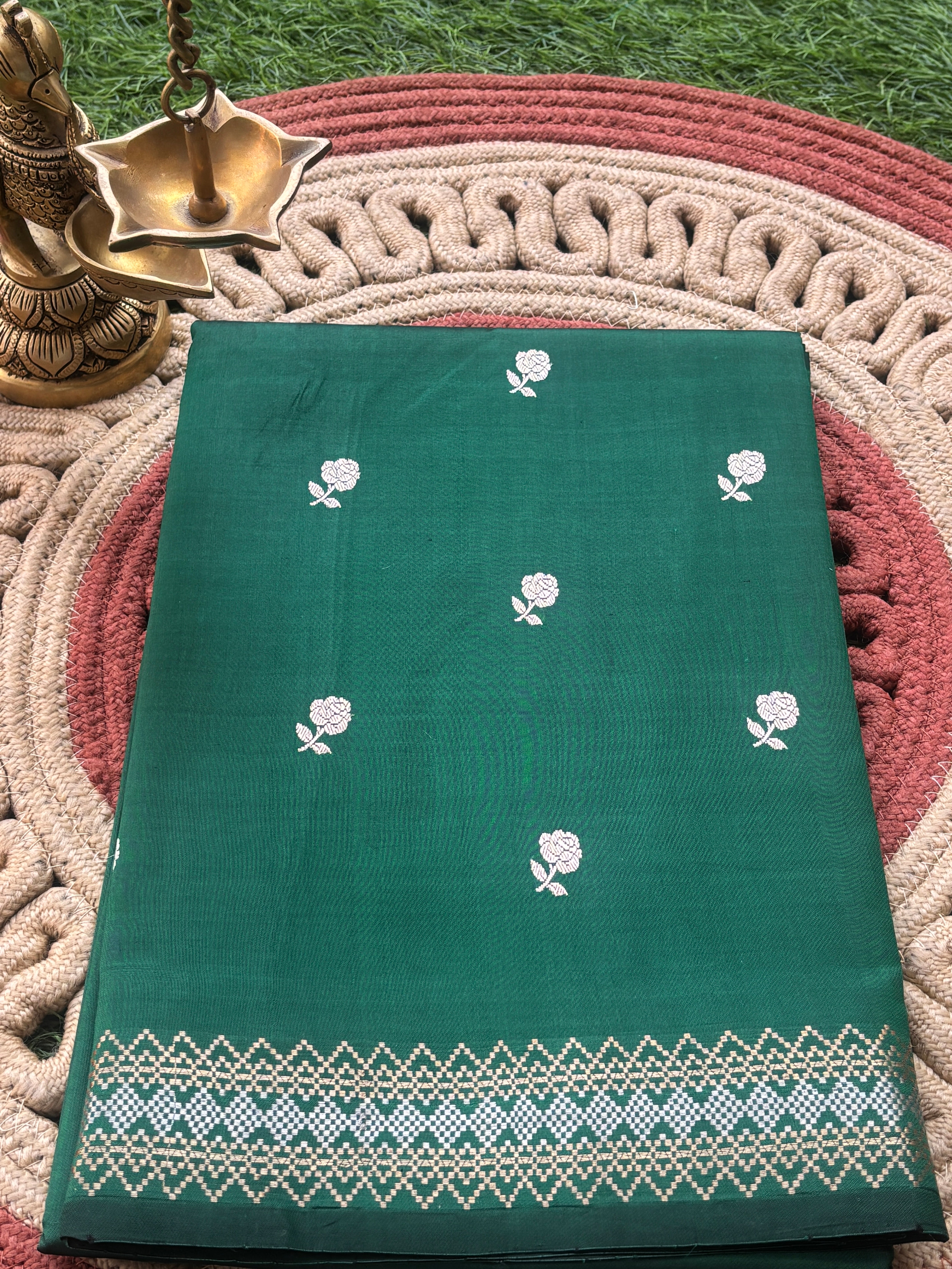 Bottle Green Pure Banarasi Saree with Silver Zari Embroidery, Butta & Border | Chandrika Lifestyles