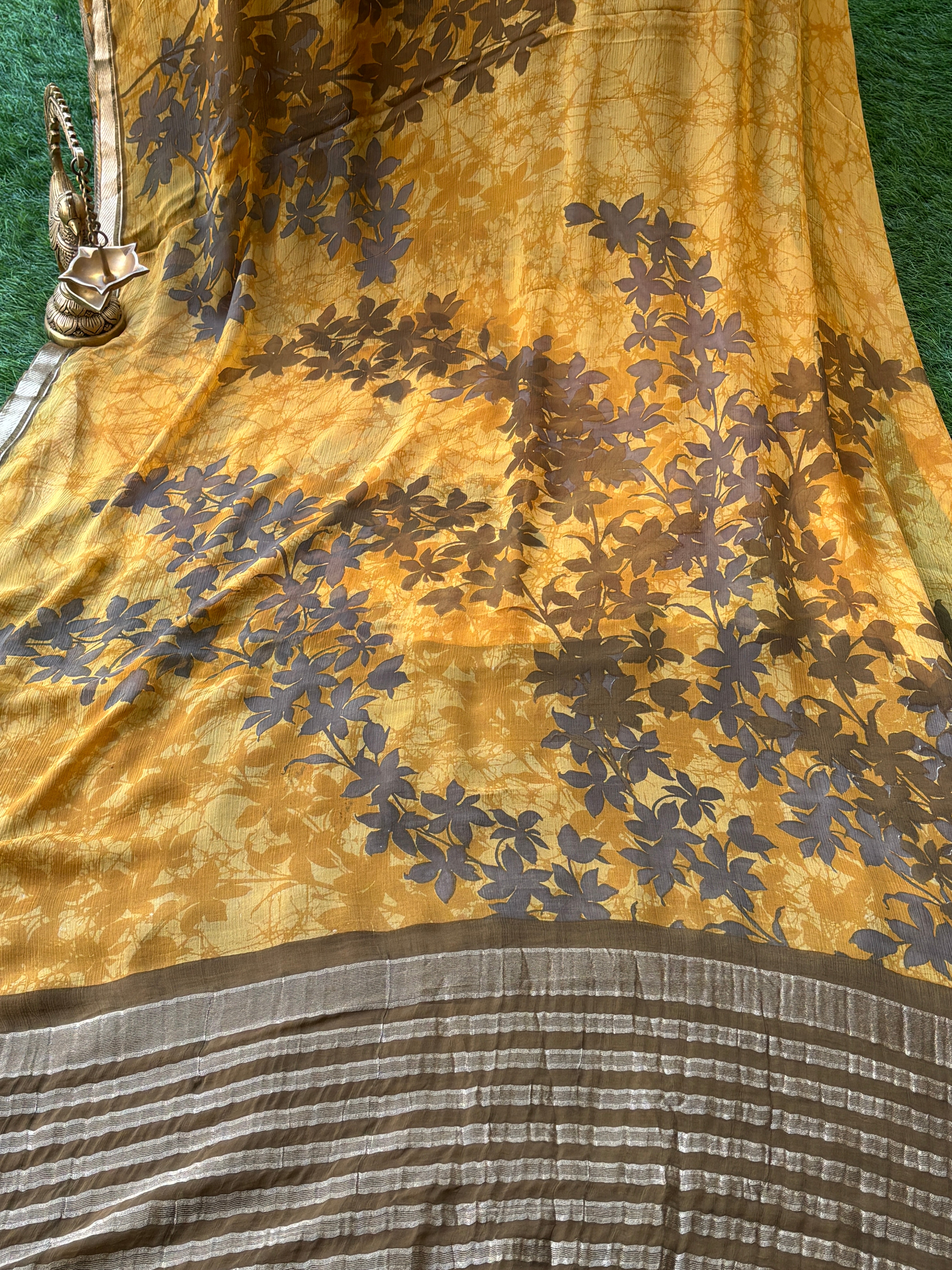 Mango Yellow Pure Georgette Printed Saree with Zari Border
