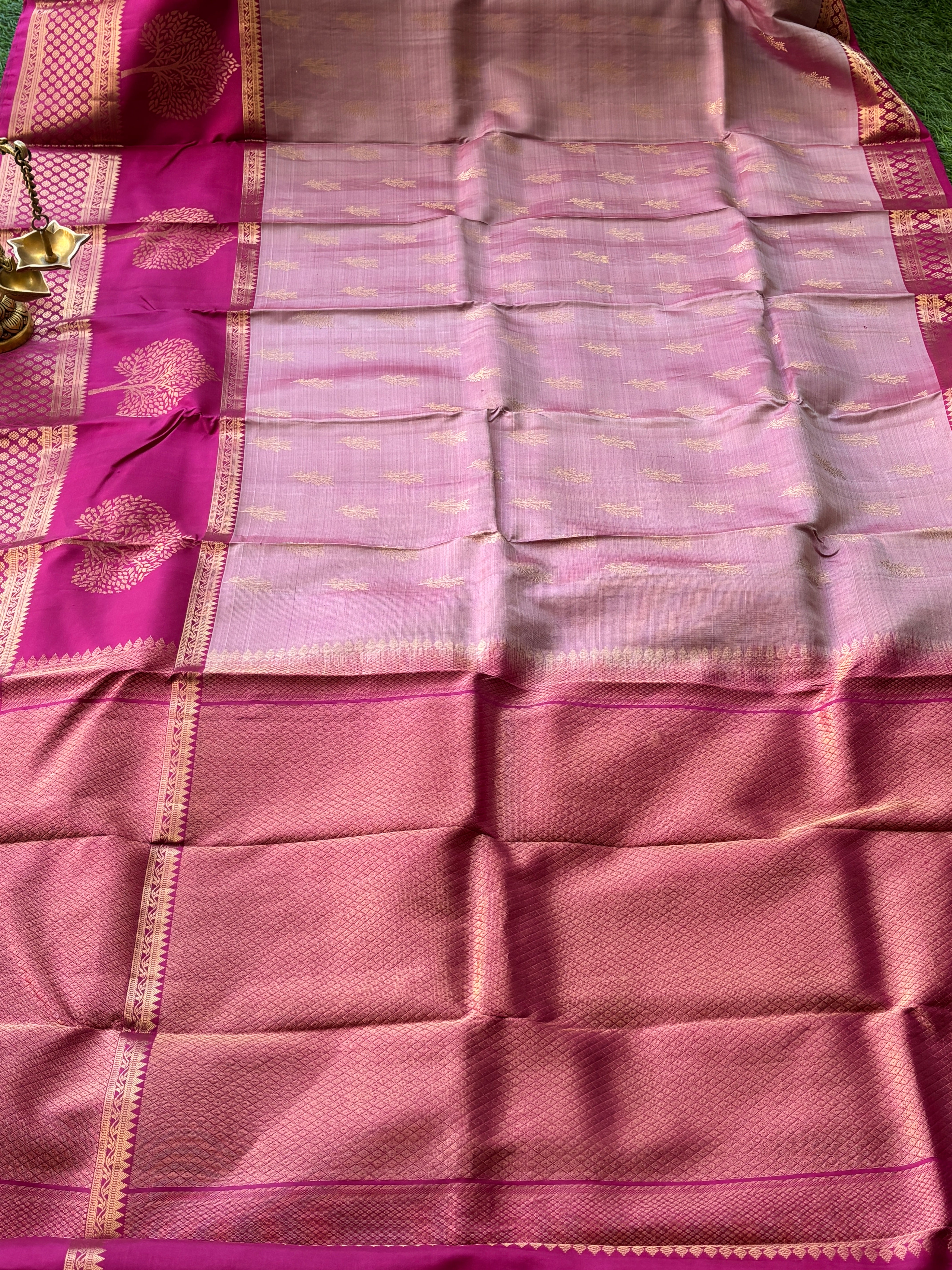 Pastel Pink Designer Kanjeevaram Pure Silk Saree with Rani Pink Border and Zari Buttas