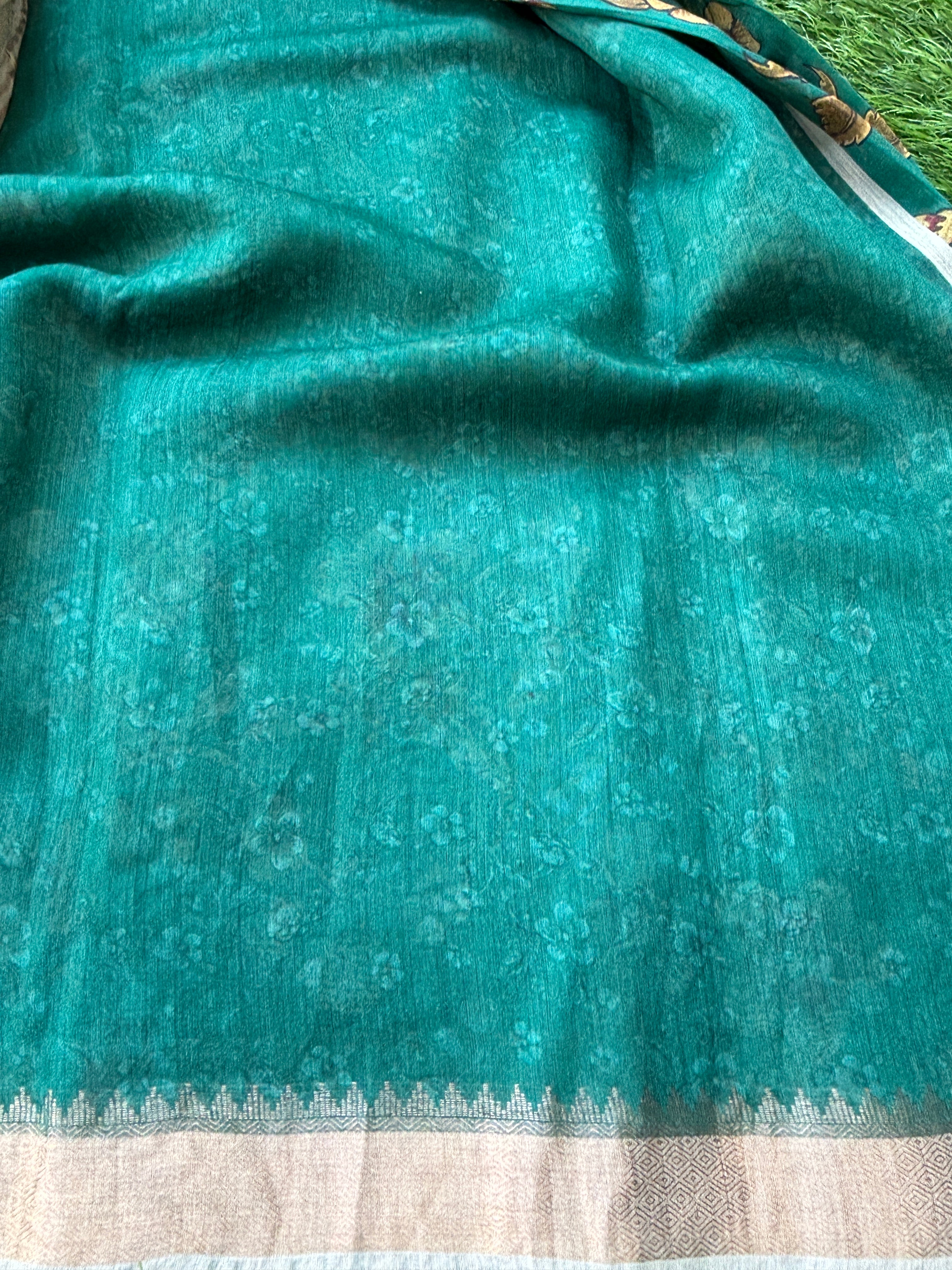 Teal Blue Munga Silk Saree with Allover Digital Print | Chandrika Lifestyles