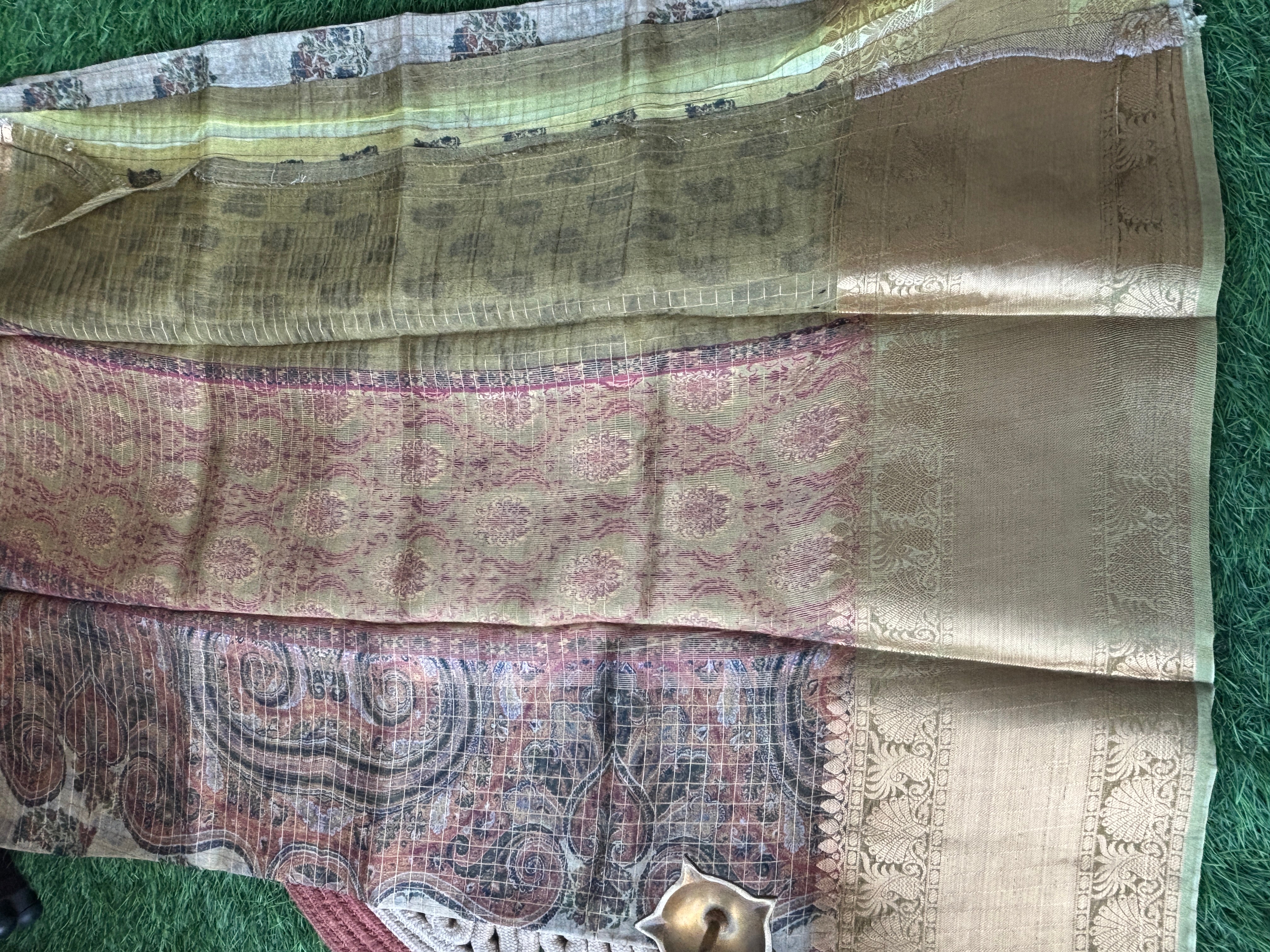 Beige Pure Organza Saree with All-Over Zari Checks