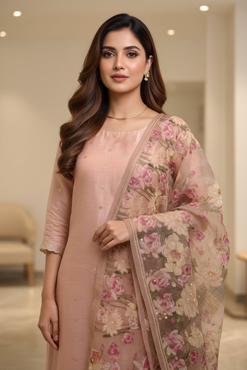 Pure Organza Silk Suit Material in Fresh Peach with Zari Weaving Checks, Sona Rupa Bootas & Digital Printed Organza Dupatta