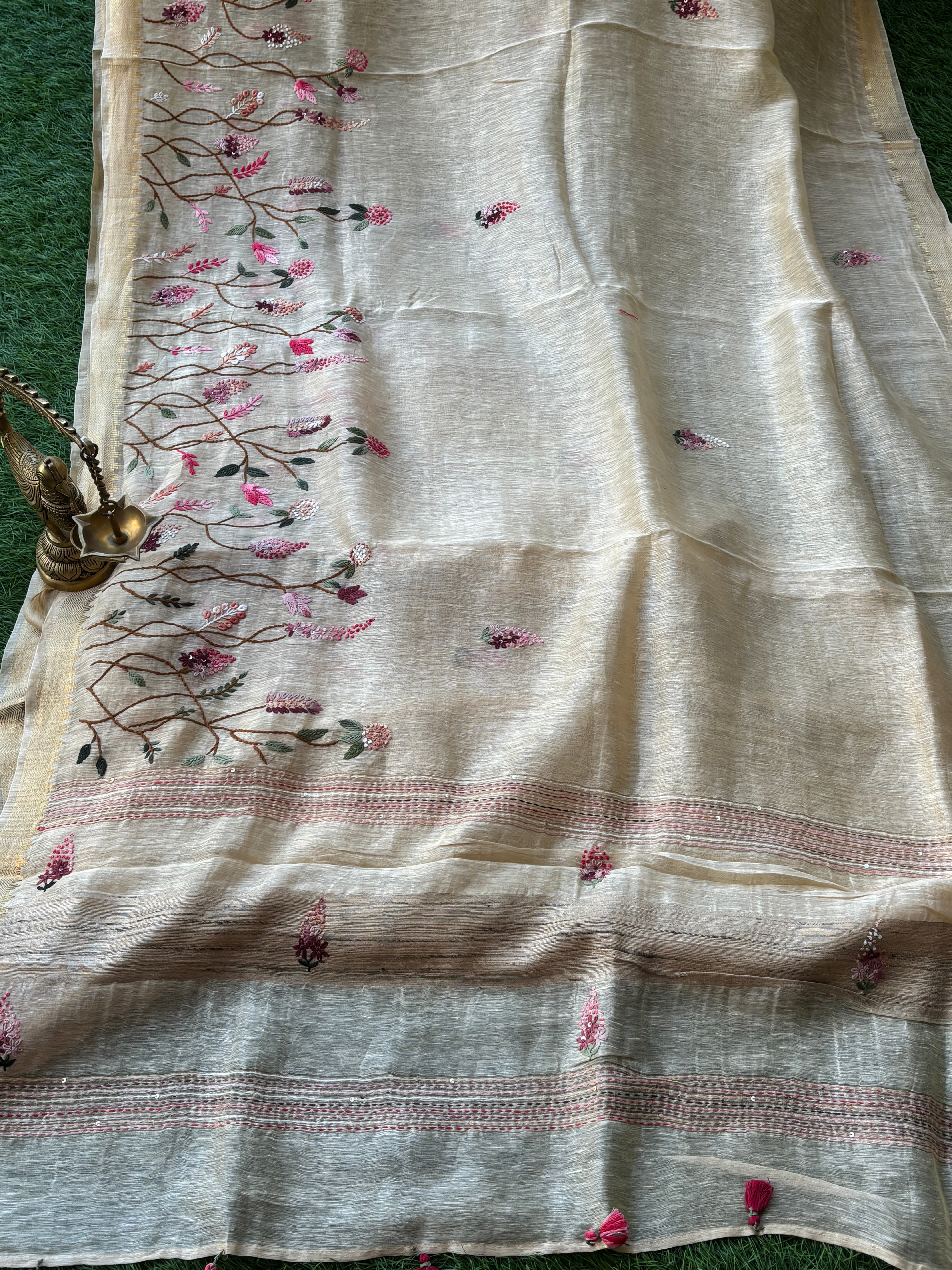 Off-White Pure Linen Saree with Allover Floral Embroidery | Chandrika Lifestyles