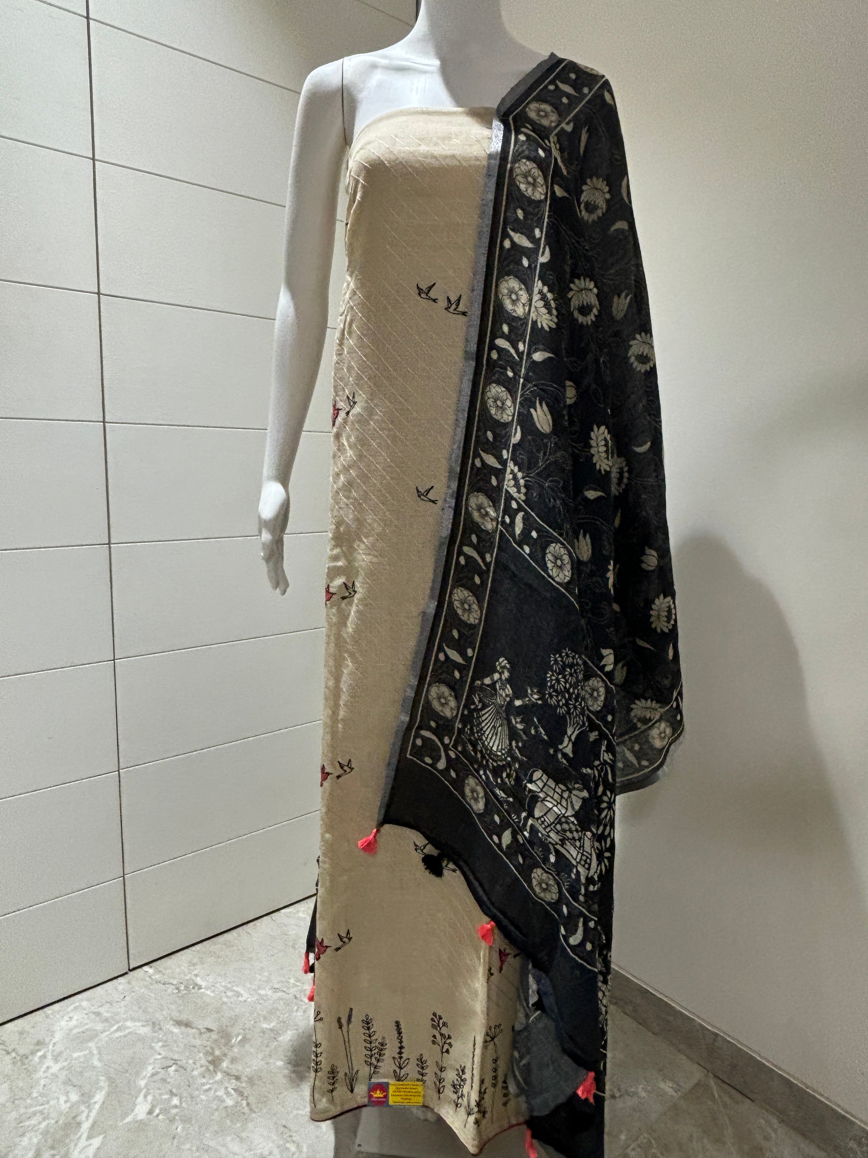 pure linen suit material ,contrast dupatta , floral printed dupatta, beige coloured suit material, embroidered suit material