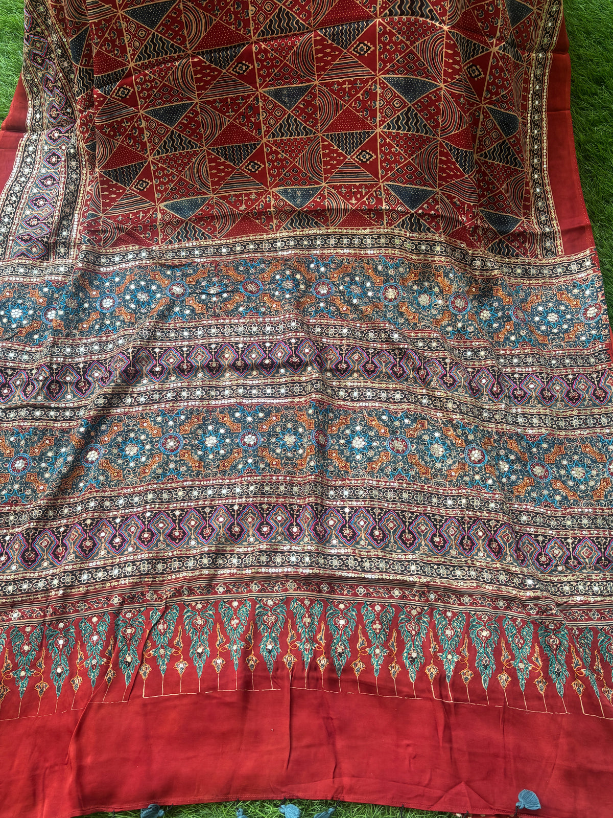 Royal Brick Red Pure Crepe Silk Saree with Ajrakh Print & Hand Mirror Work Pallu