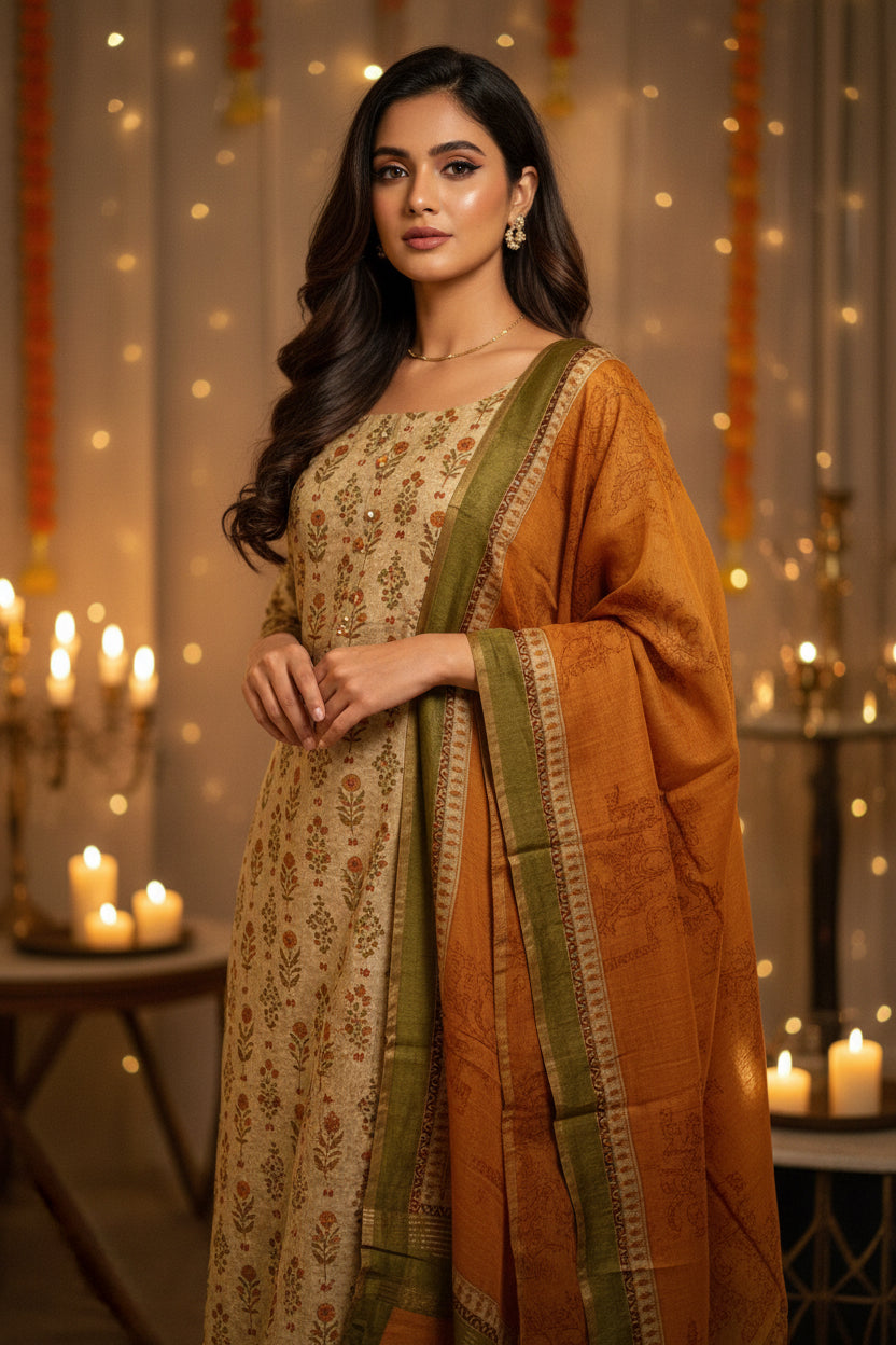 Pure Tussar Silk Suit Material with Contrast Silk Digital Printed Dupatta