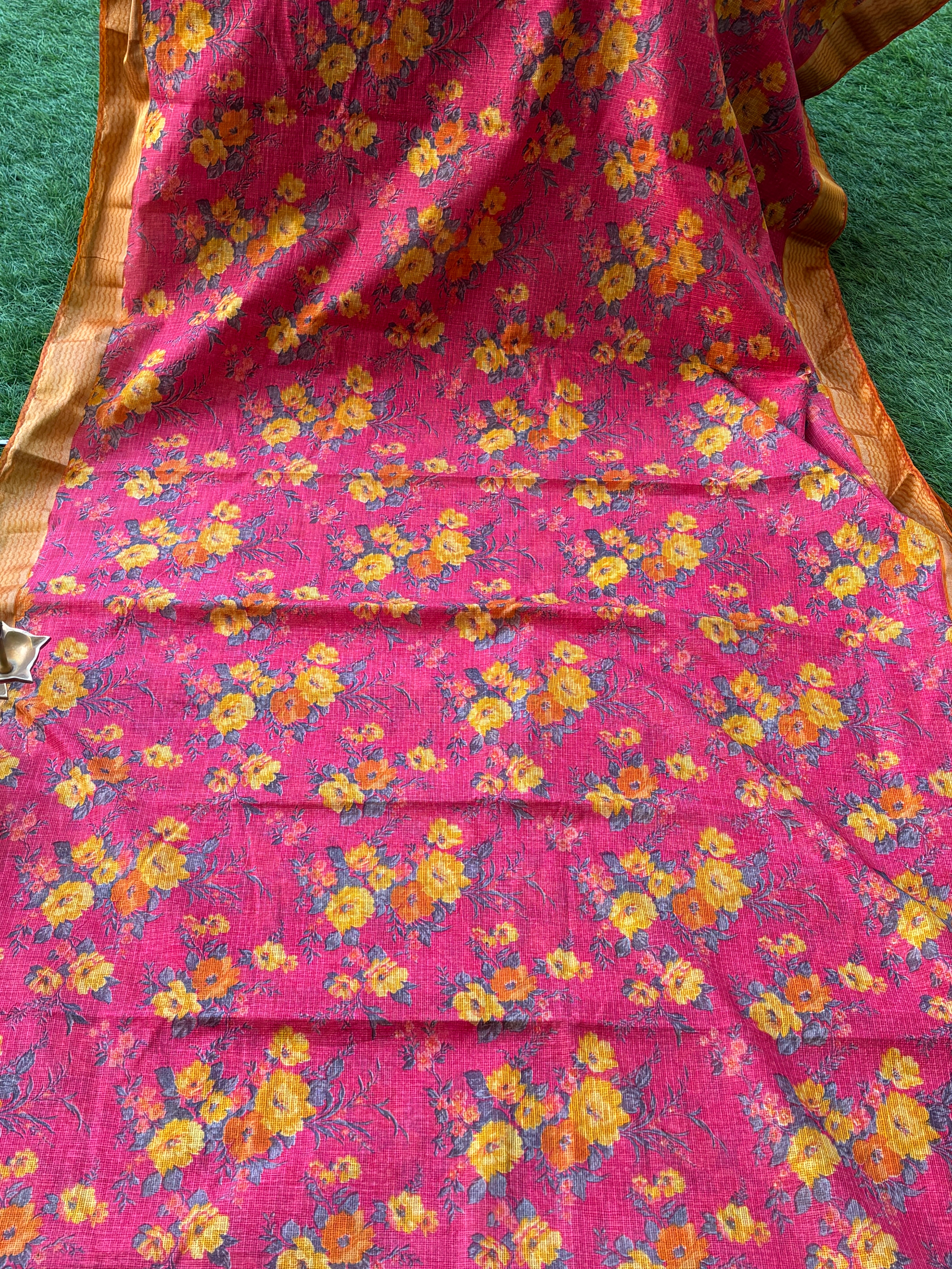Red Floral Printed Kota Silk Saree with Yellow Border | Chandrika Lifestyles