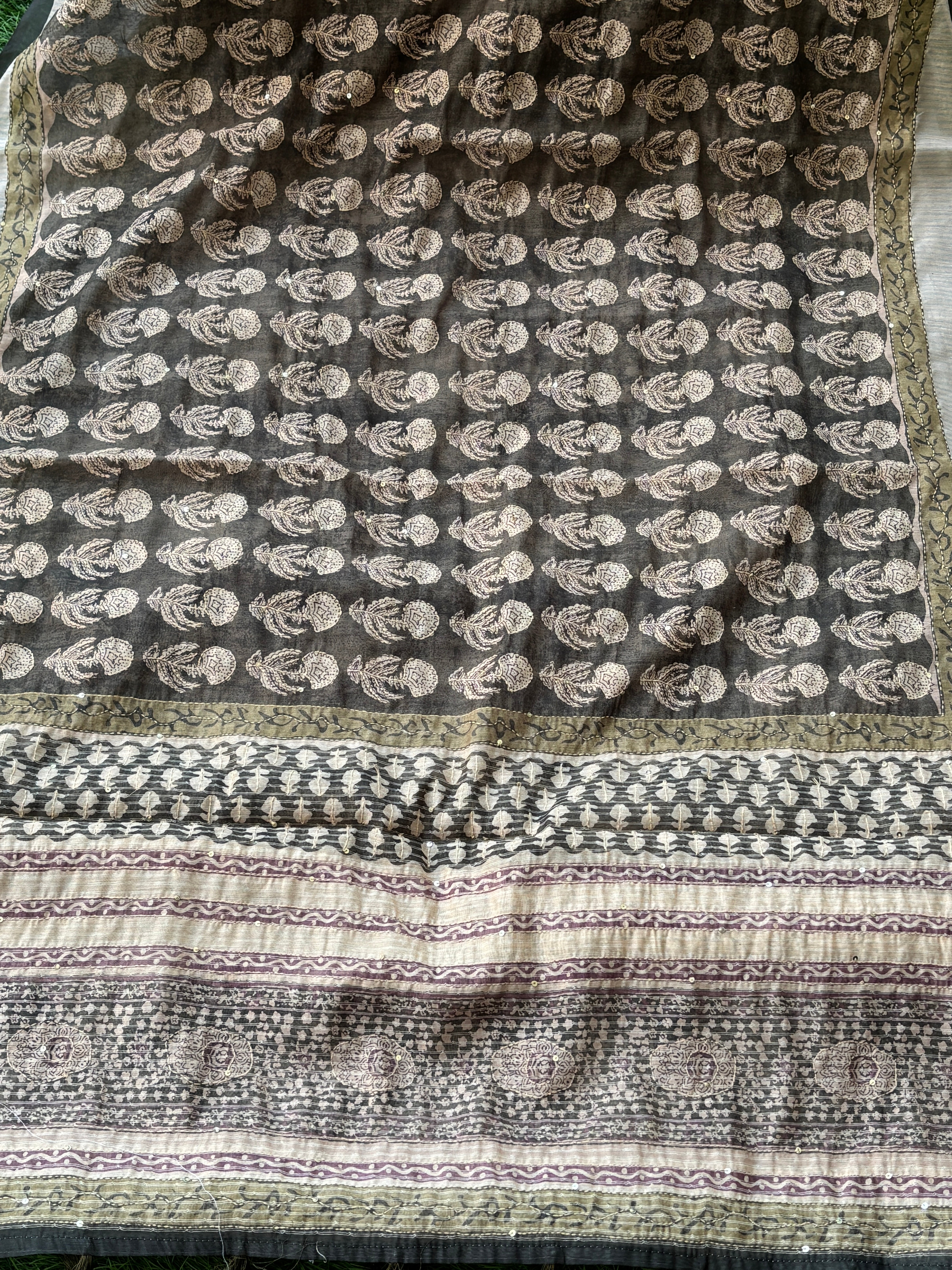 Mehndi Green Banarasi Mercerised Cotton Saree with Kantha Work