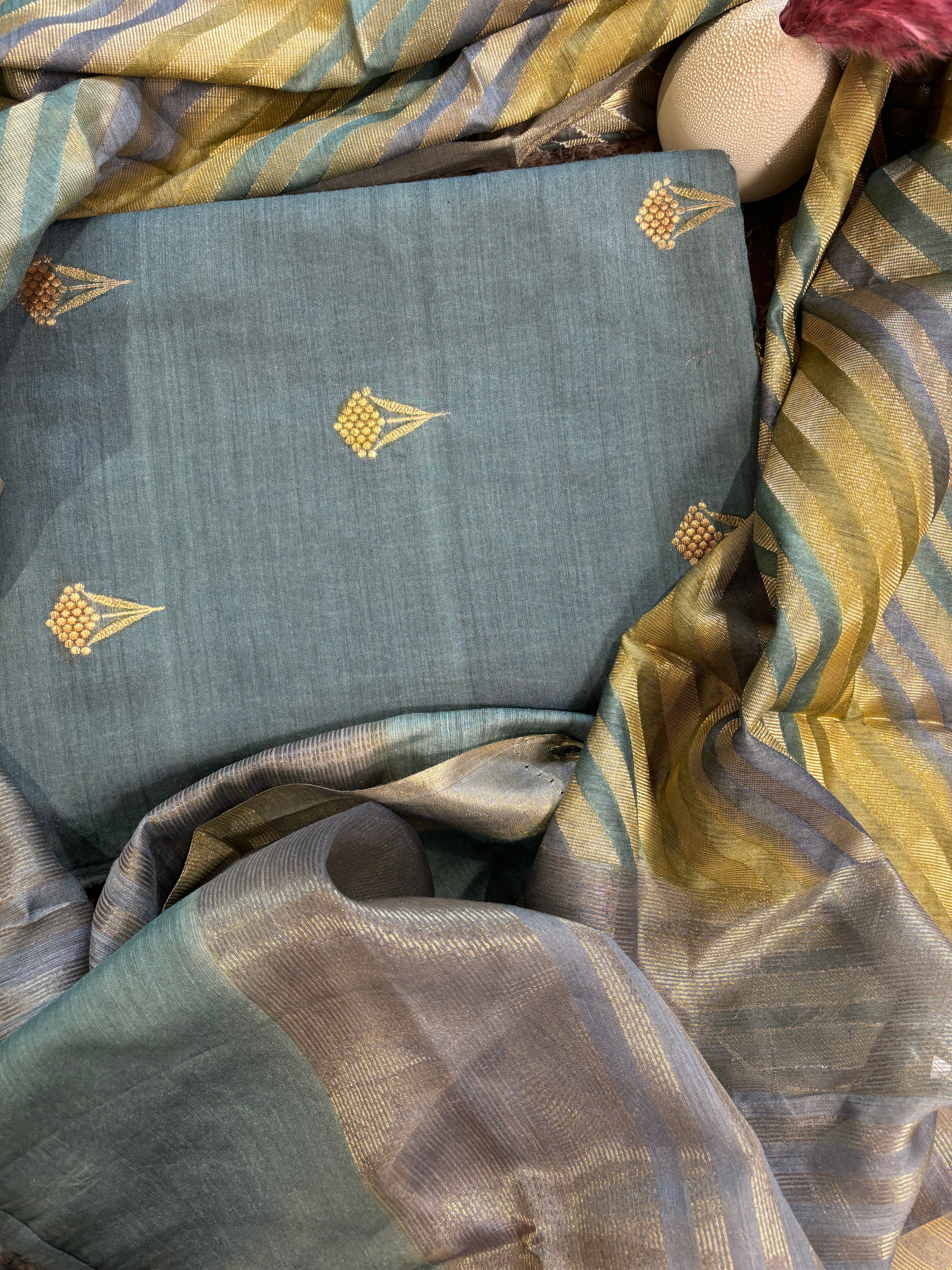 Grey pure tusser banarasi silk suit material with pure tusser banarasi laheria weaved dupatta