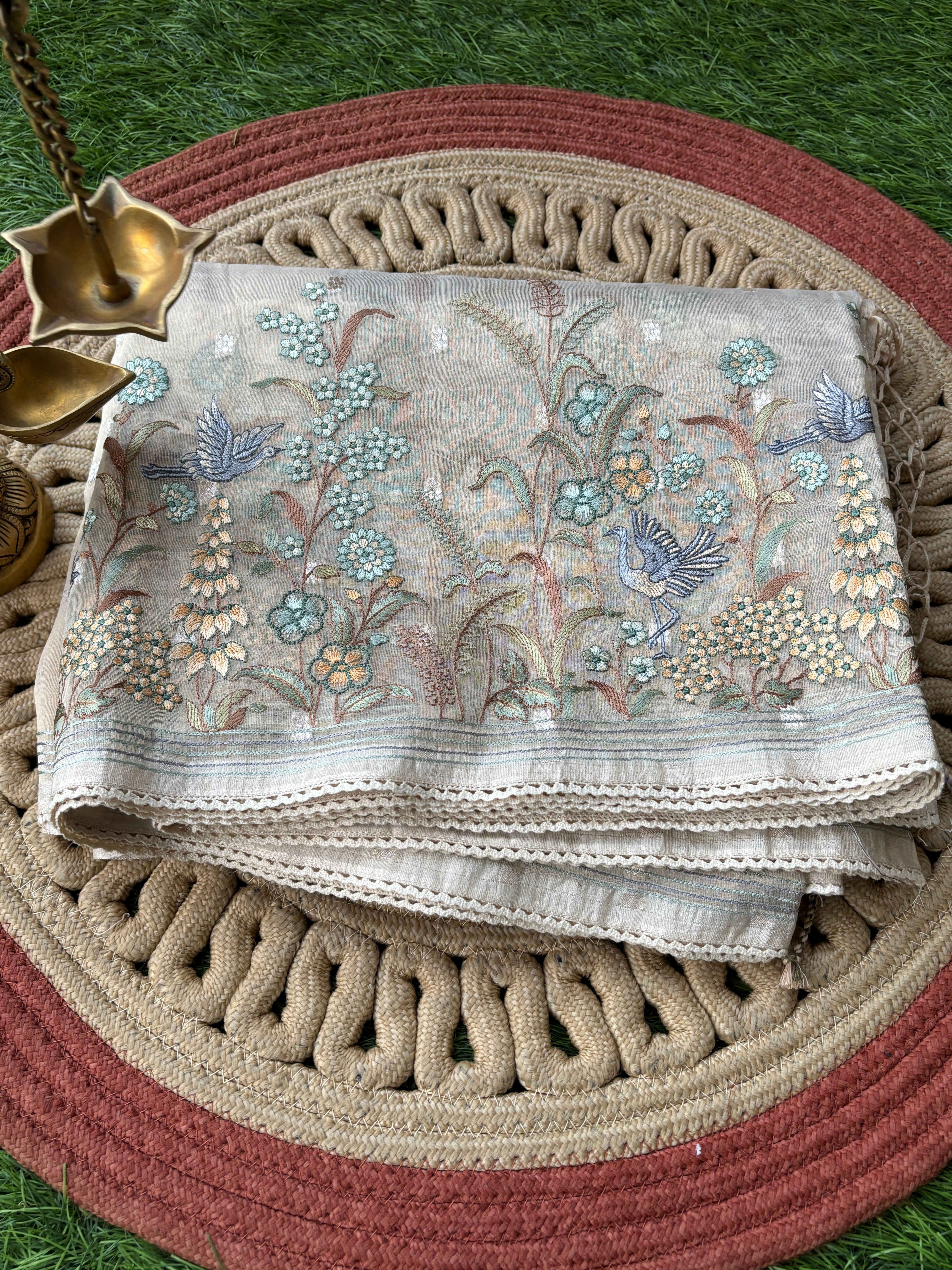 Off White Tissue Kora Saree with Figure Embroidery & Thread Butta Work | Chandrika Lifestyles