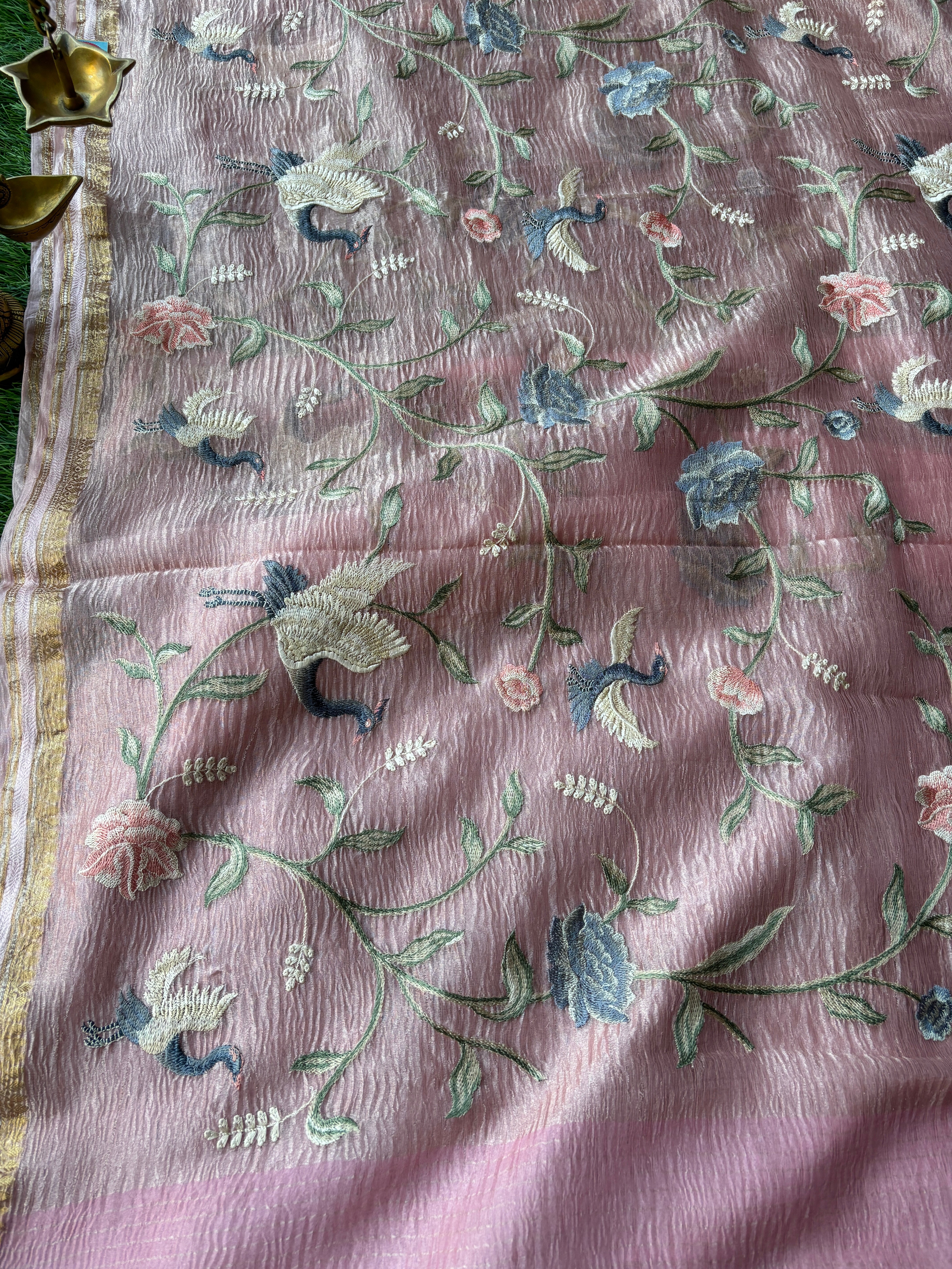 Baby Pink Pure Crush Tissue Kora Organza Designer Saree with Thread Embroidery