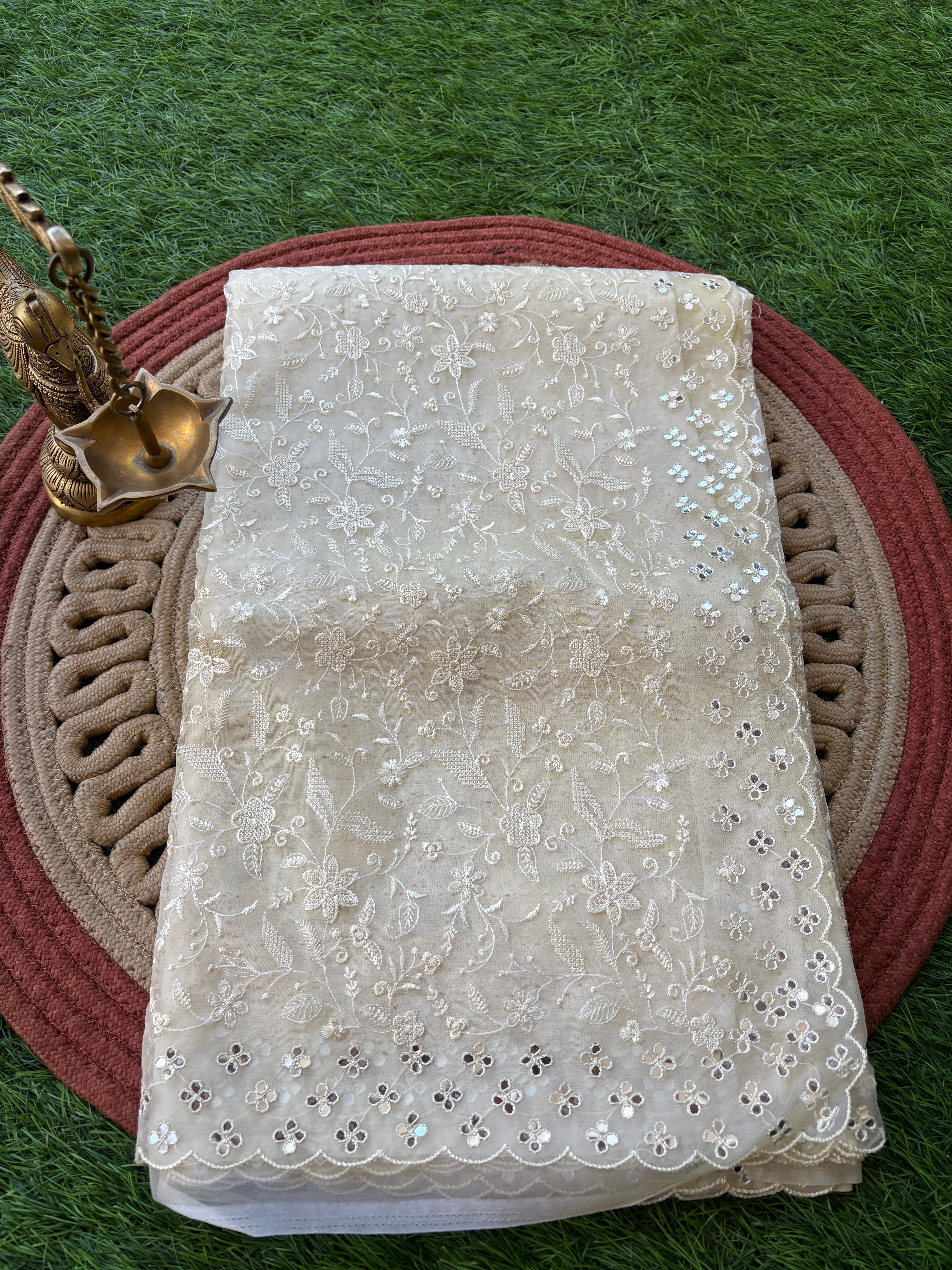 Off White Pure Organza Saree with Allover Thread Embroidery & Cutwork | Chandrika Lifestyles