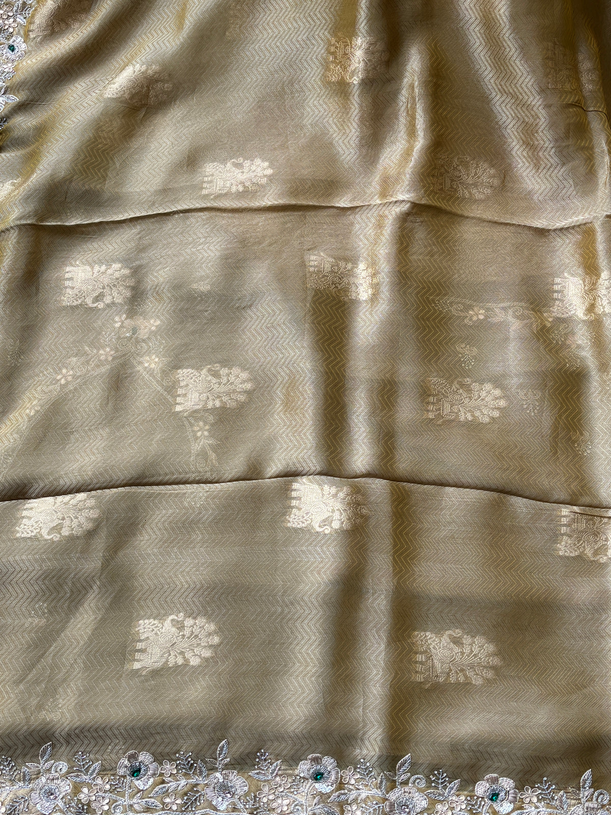 Royal Biscuit Beige Pure Tissue Silk Saree with Zigzag Weaving, Buta Work & Heavy Zardozi Border