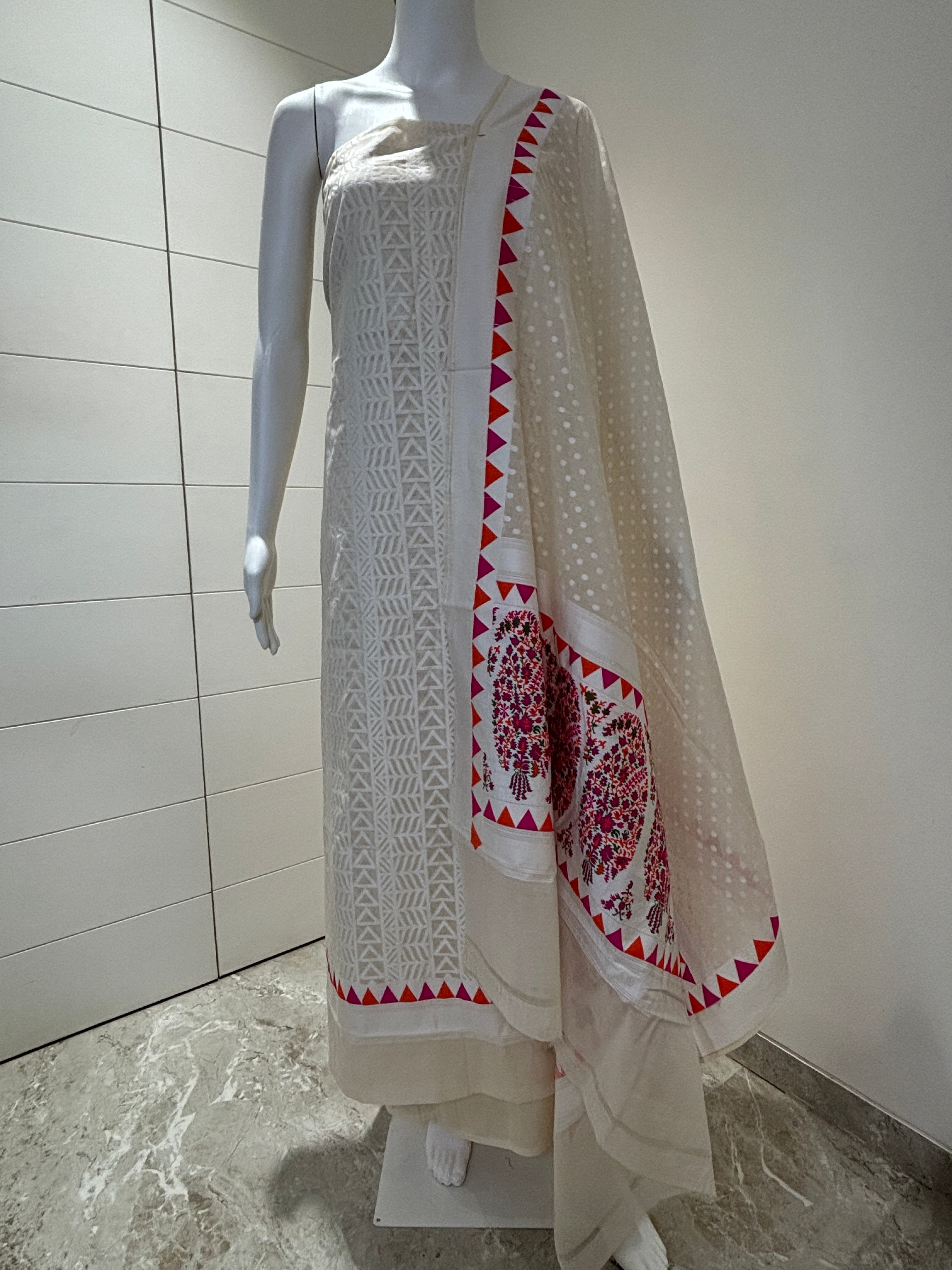 Off-White Banarasi Silk Cotton Suit Material with Temple Weaving, Meenakari Detailing & Banarasi Woven Dupatta