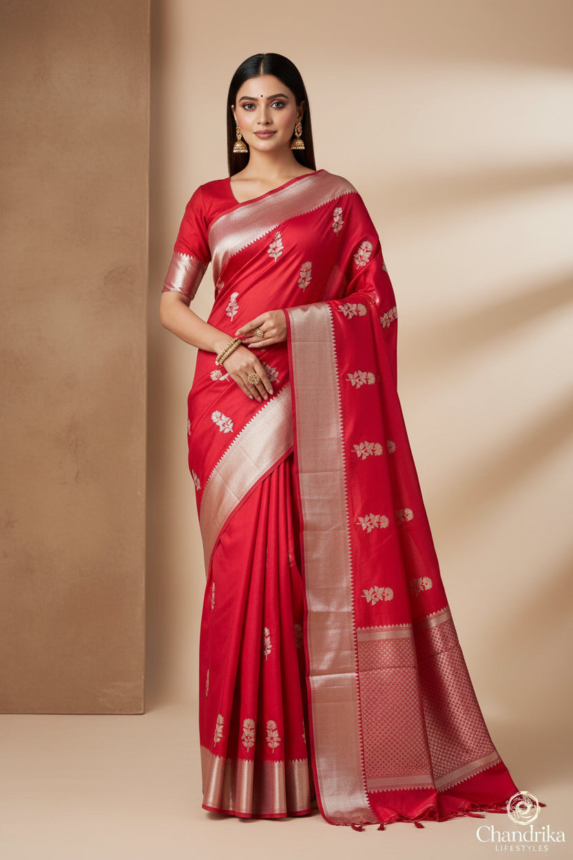 Woman wearing a red saree with white patterns on a beige background