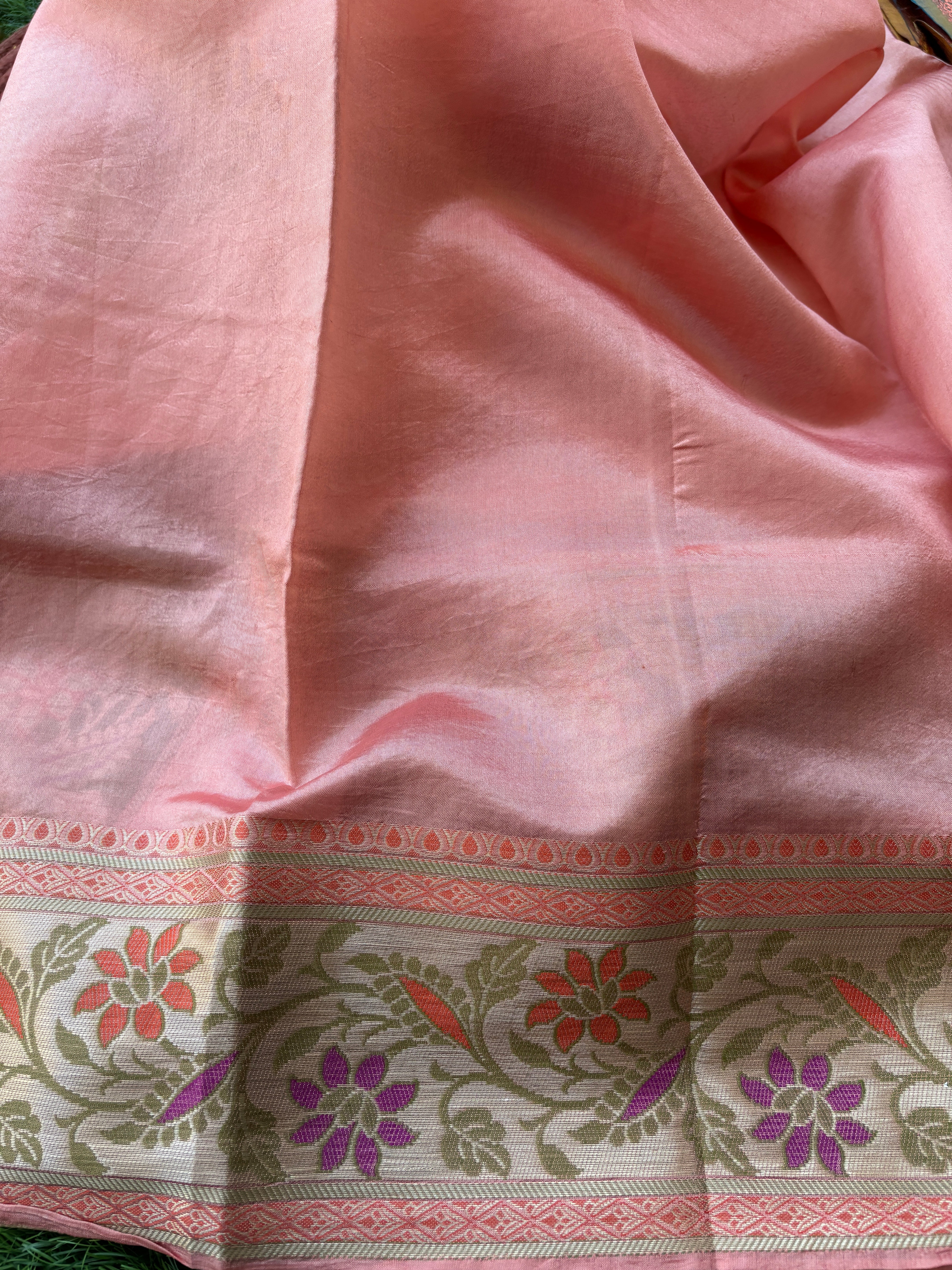 Peach Pink Banarasi Cotton Saree with Floral Meenakari Work & Border | Chandrika Lifestyles