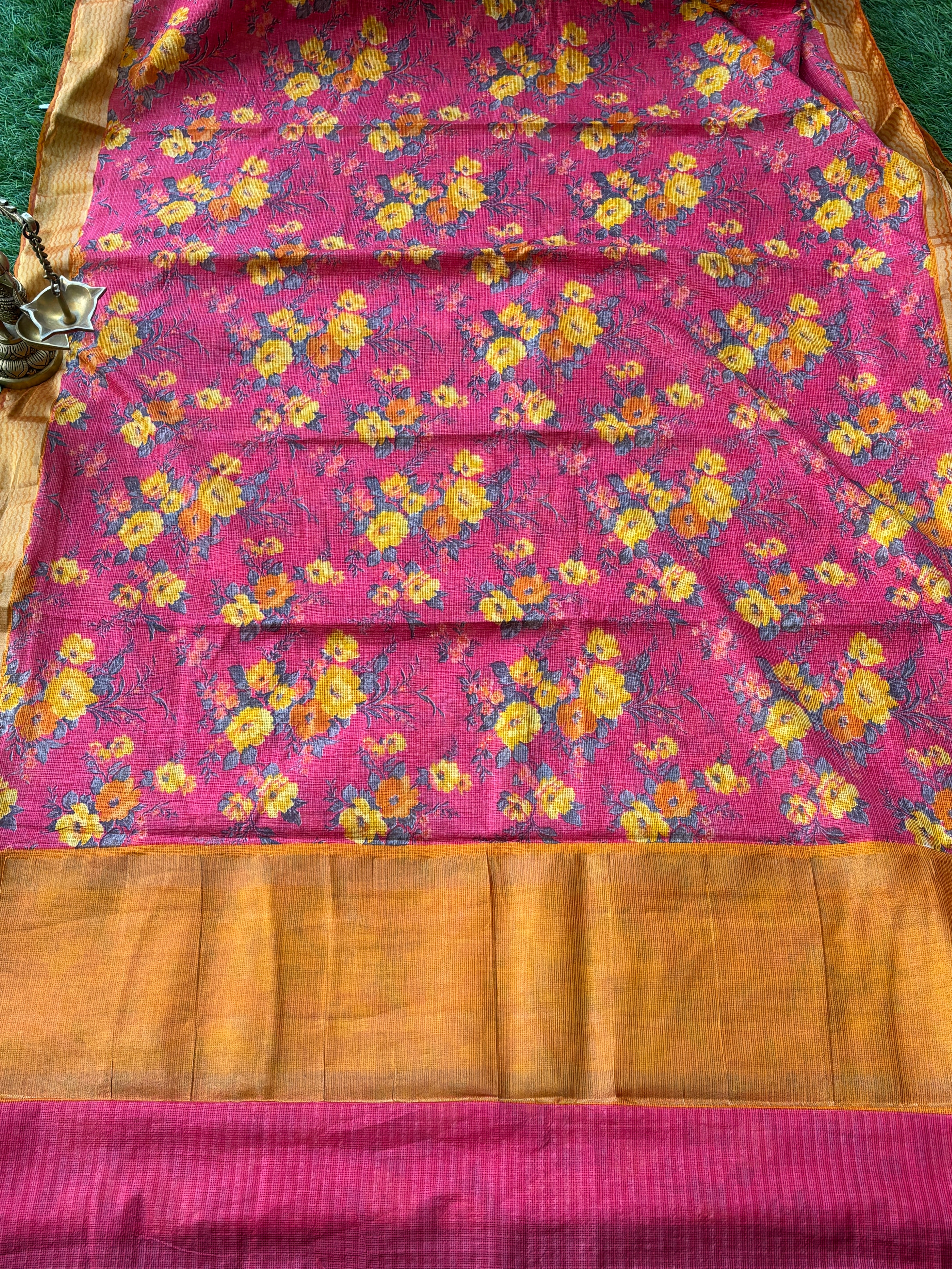 Red Floral Printed Kota Silk Saree with Yellow Border | Chandrika Lifestyles