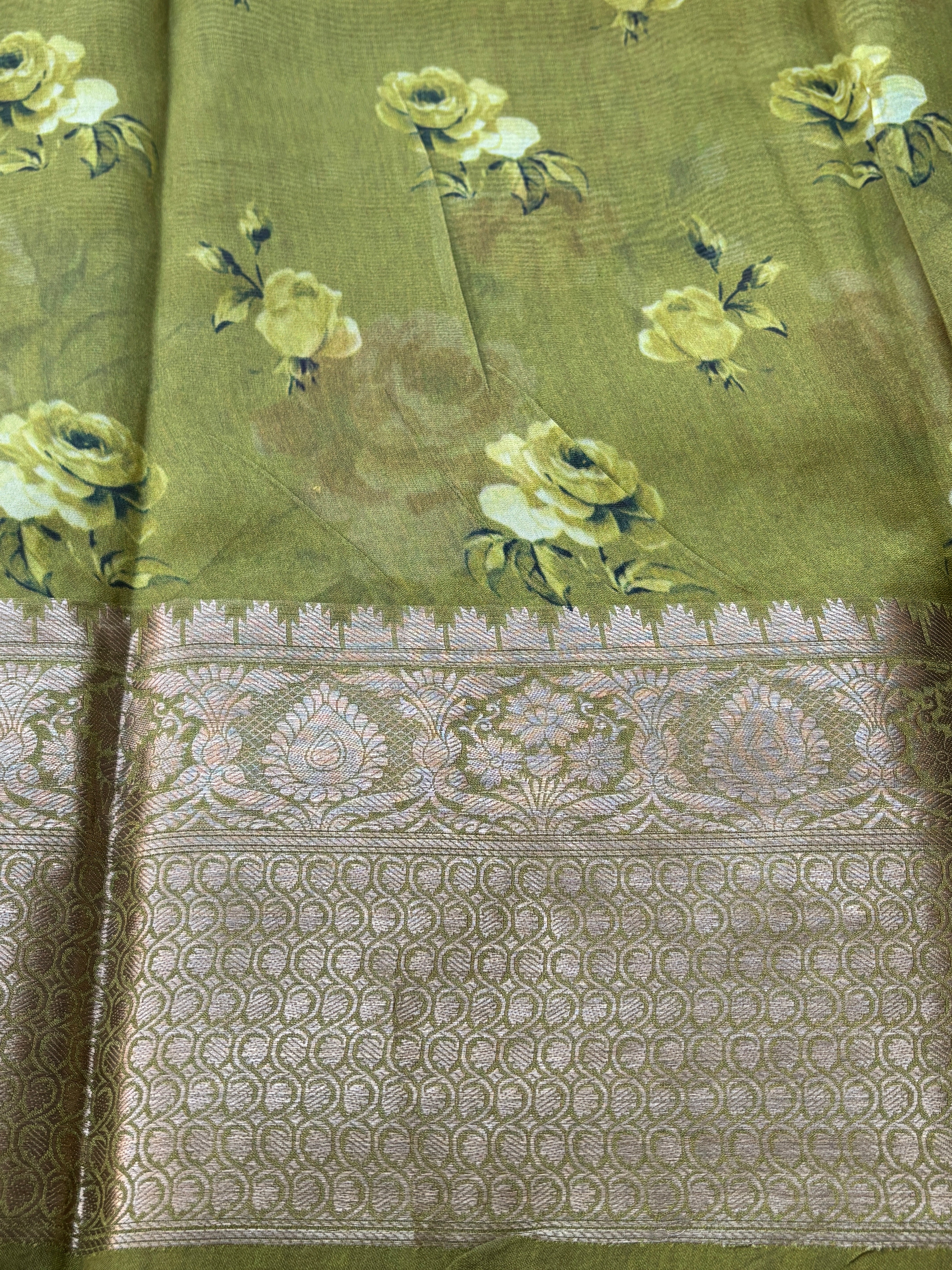 Pista Green Pure Georgette Saree with Broad Zari Woven Border & Digital Print