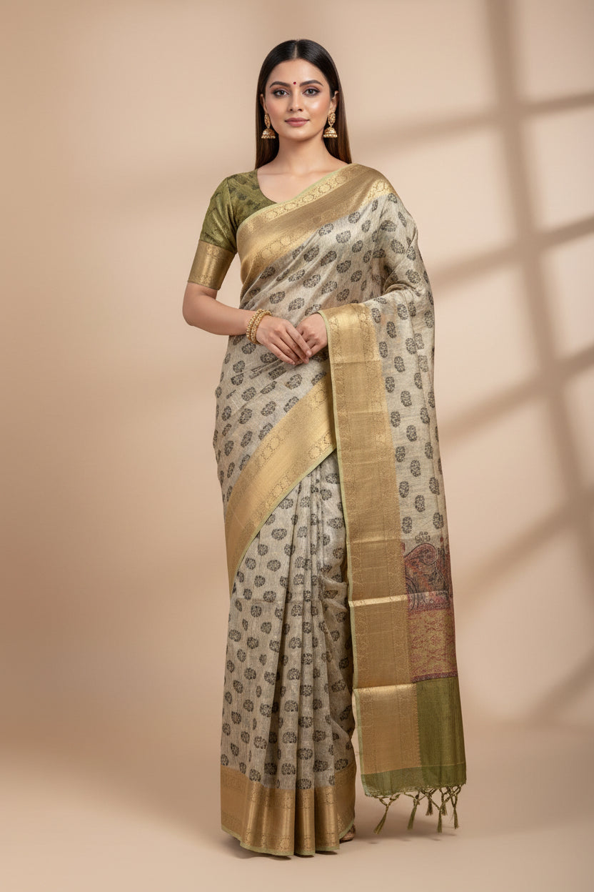 Beige Pure Organza Saree with All-Over Zari Checks