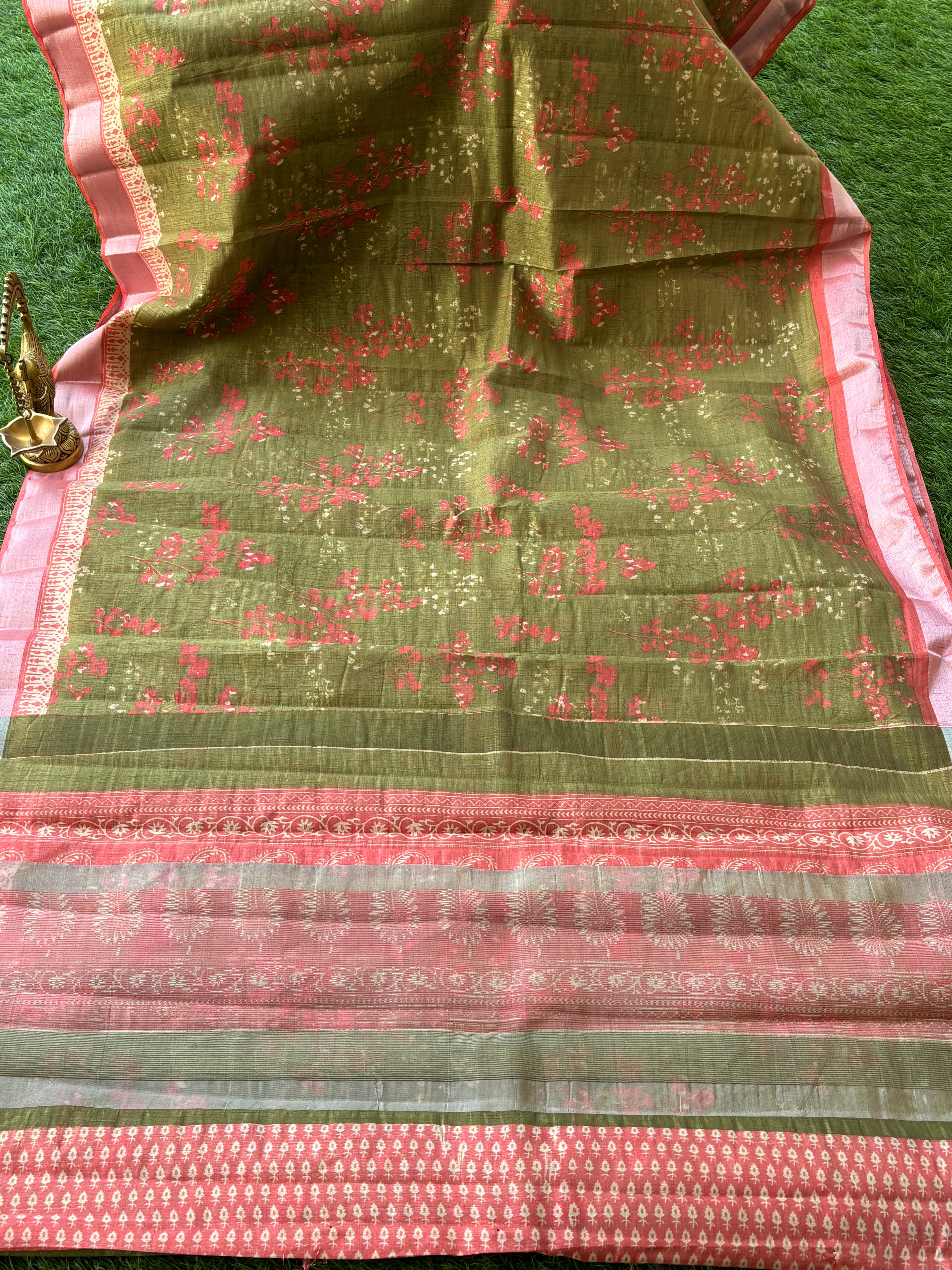 Olive Green Mercerized Cotton Saree with Allover Digital Print | Chandrika Lifestyles