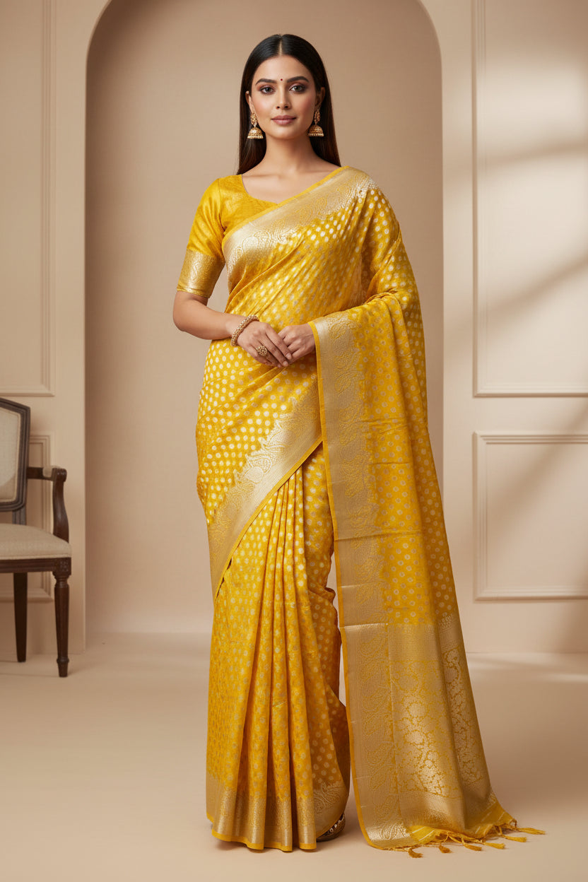 Mango Yellow Pure Dupion Silk Saree with Allover Zari Butta & Zari Border | Chandrika Lifestyles
